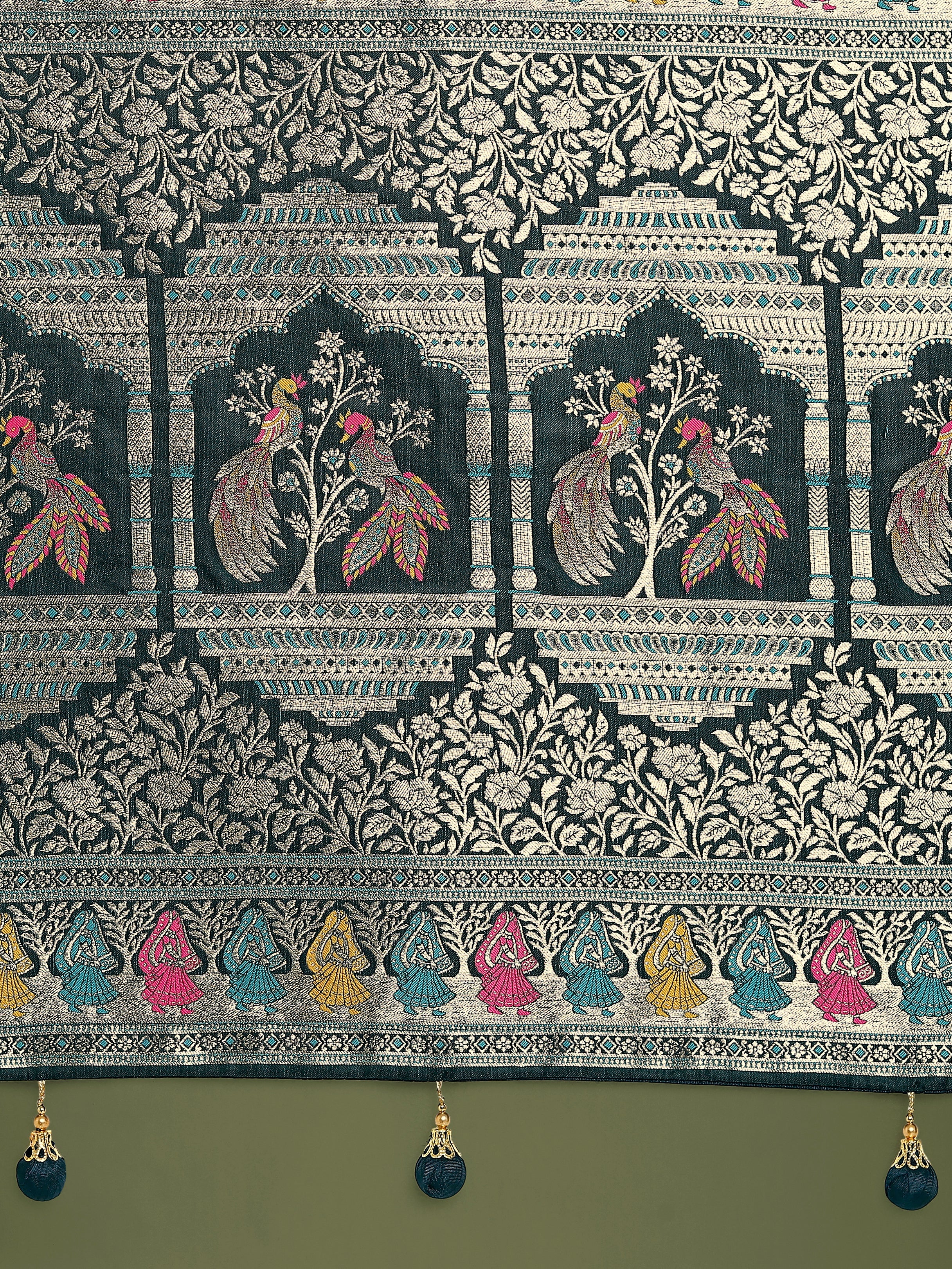 Teal With Gold Bordar Banarasi Zari Woven Satin Saree