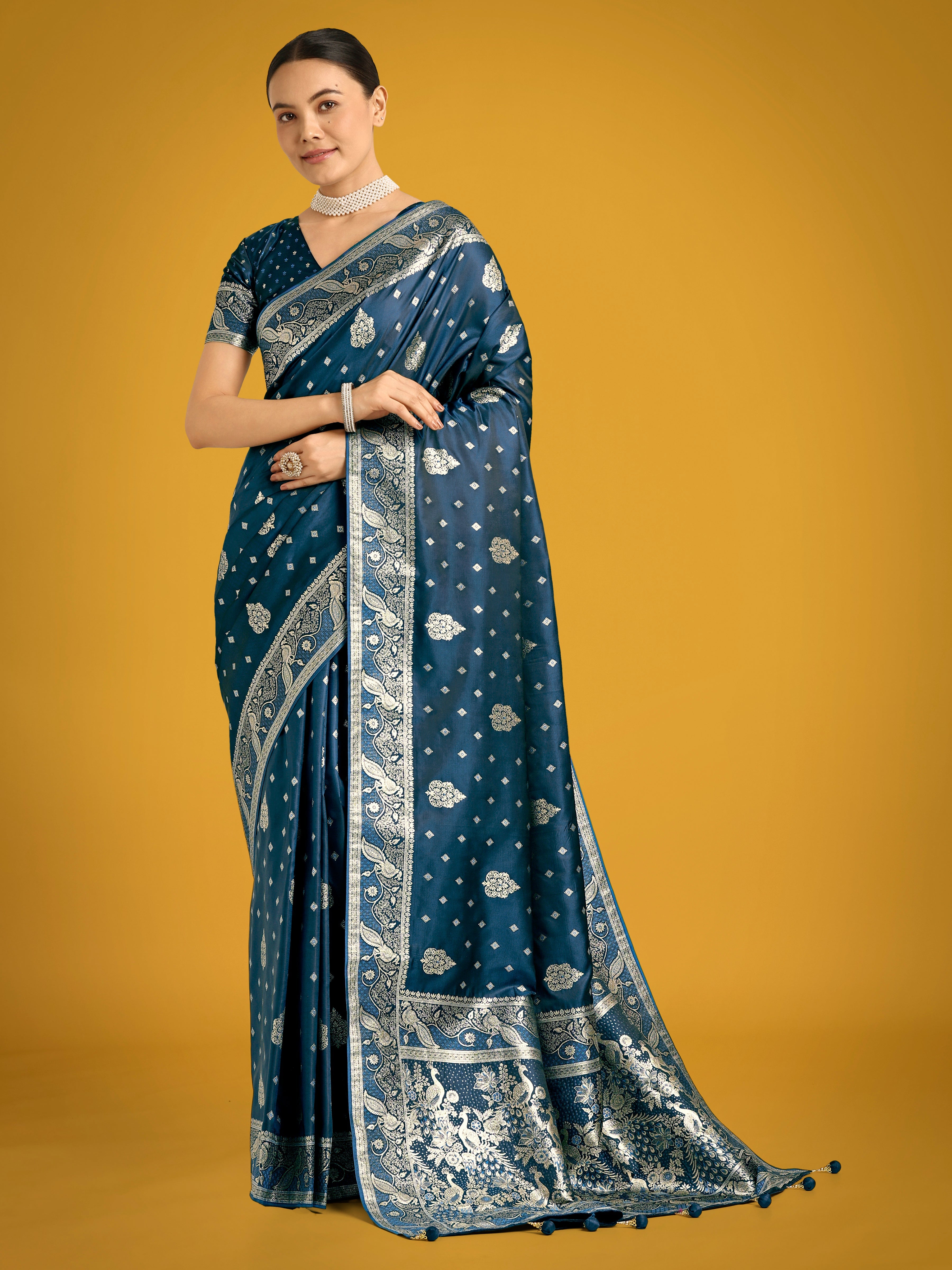Traditional Aqua blue Woven Banarasi Satin Silk Saree