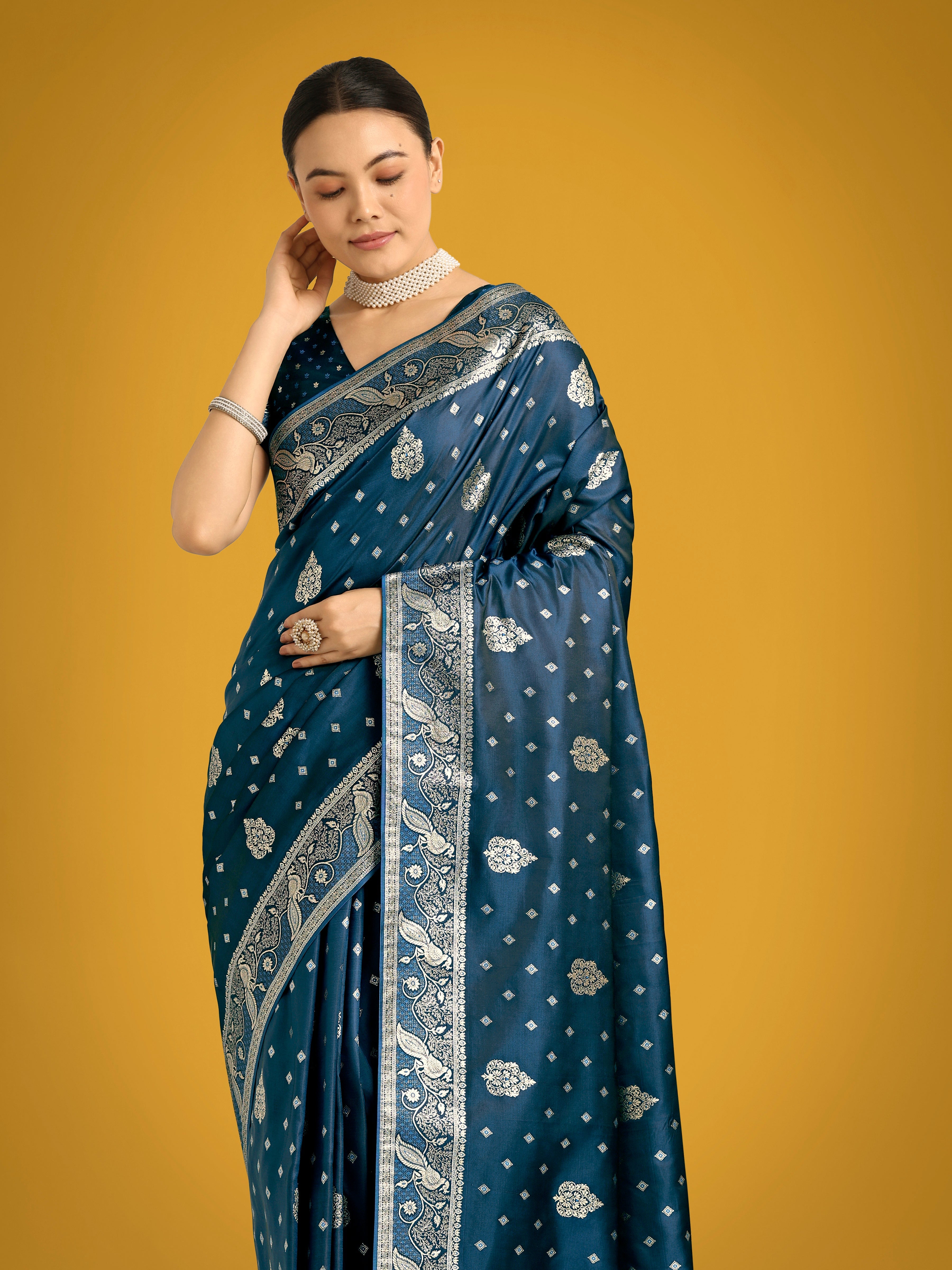 Traditional Aqua blue Woven Banarasi Satin Silk Saree