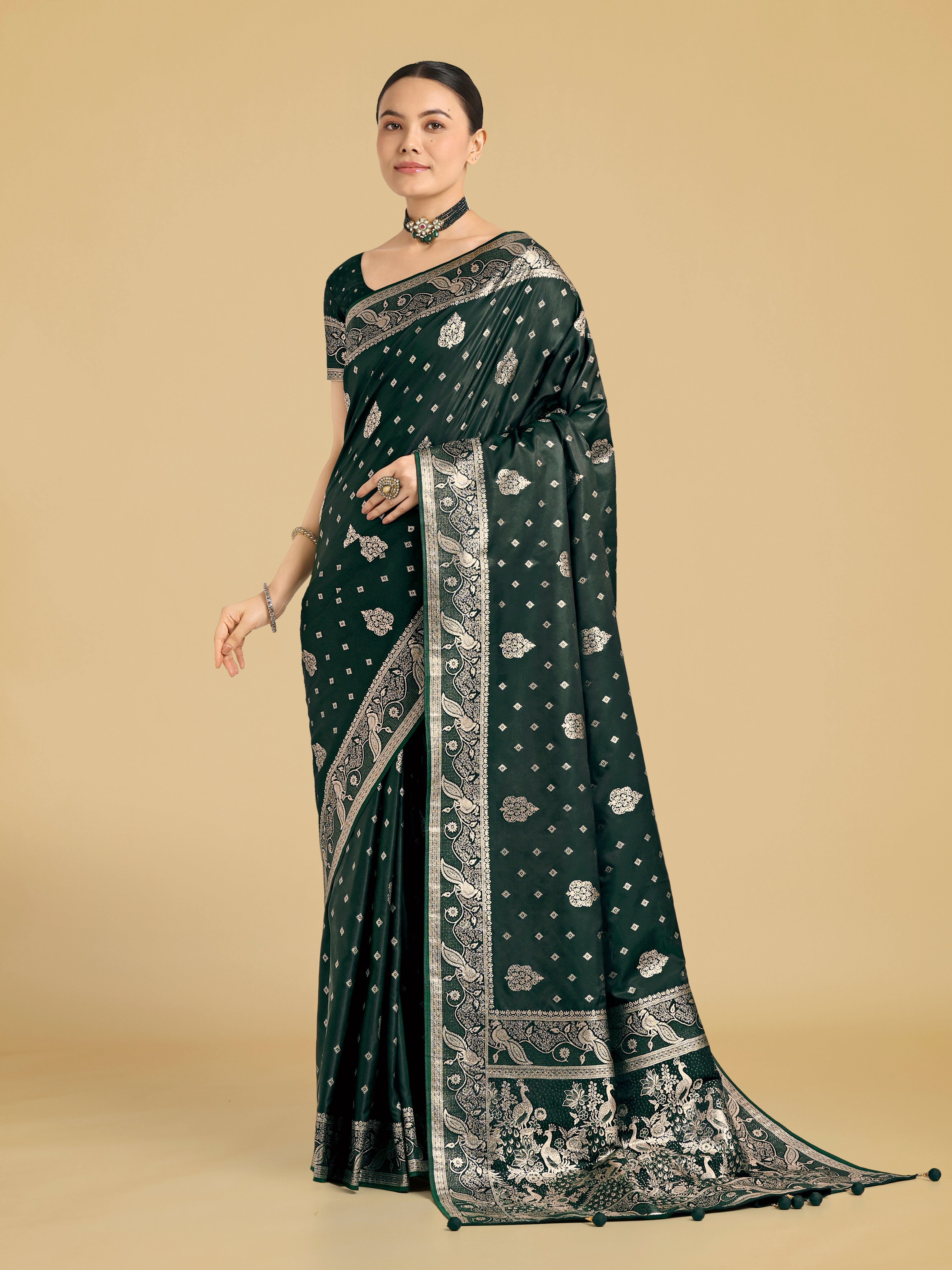 Traditional Dark Green Woven Banarasi Satin Silk Saree