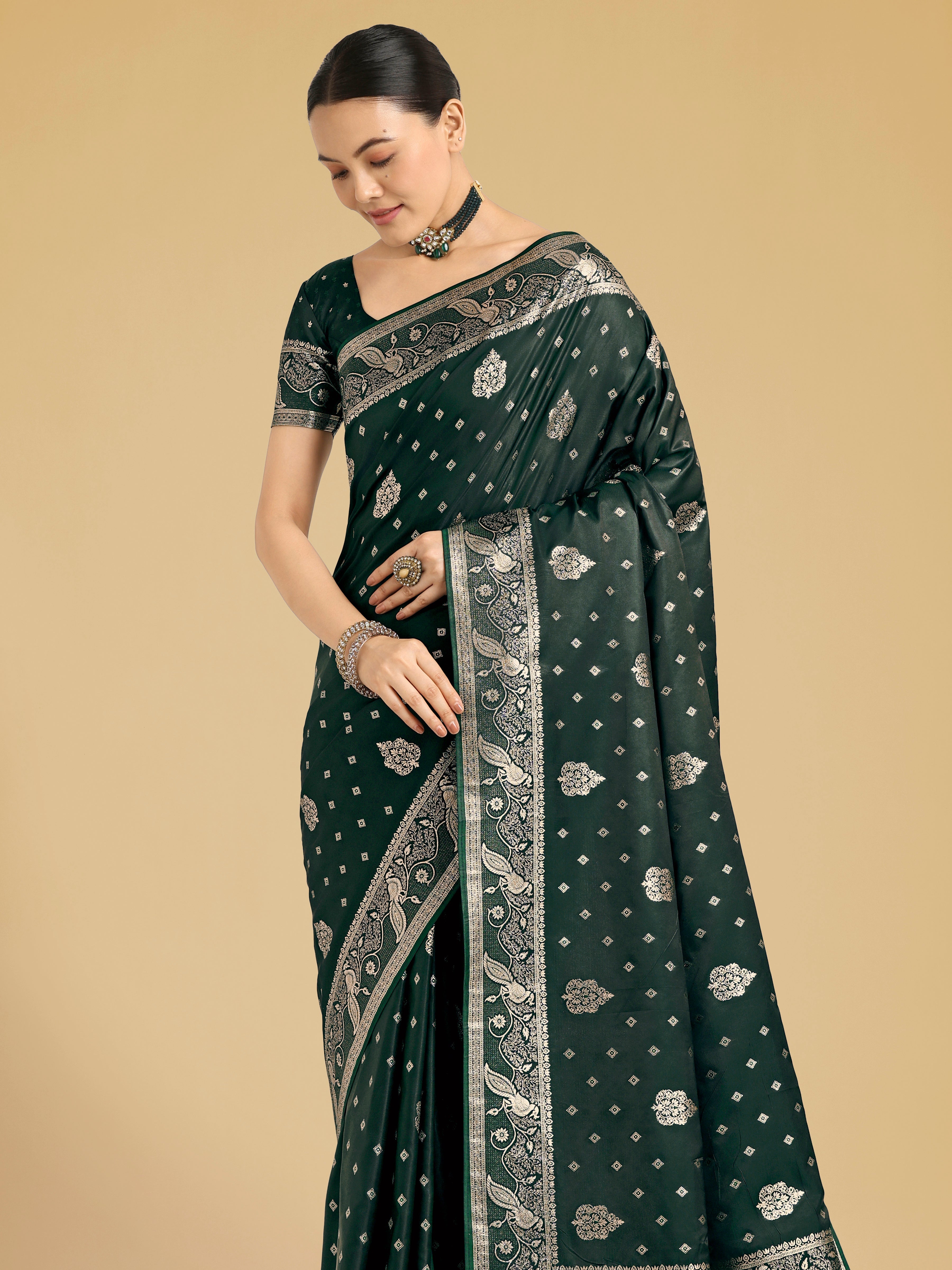 Traditional Dark Green Woven Banarasi Satin Silk Saree