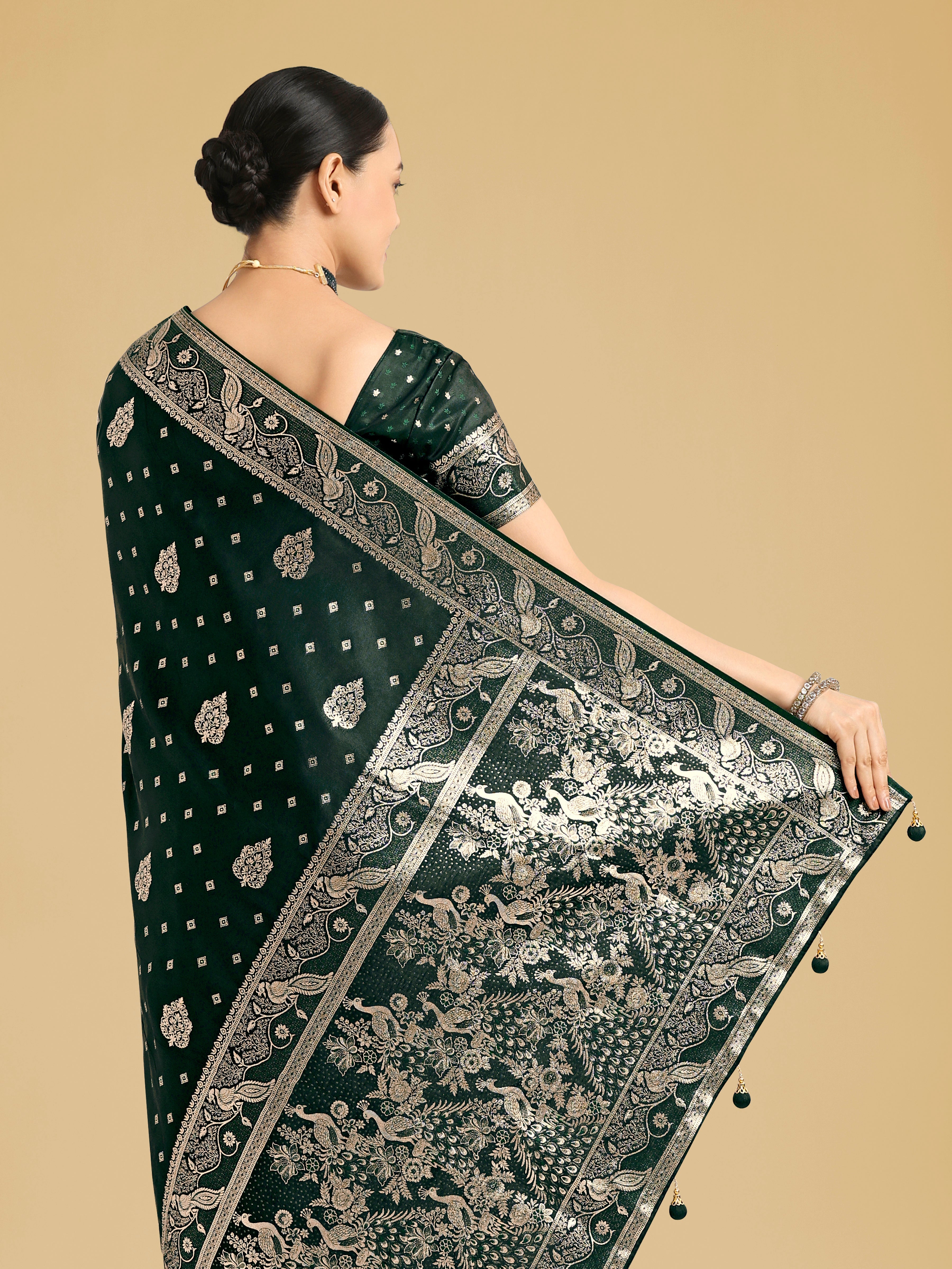 Traditional Dark Green Woven Banarasi Satin Silk Saree