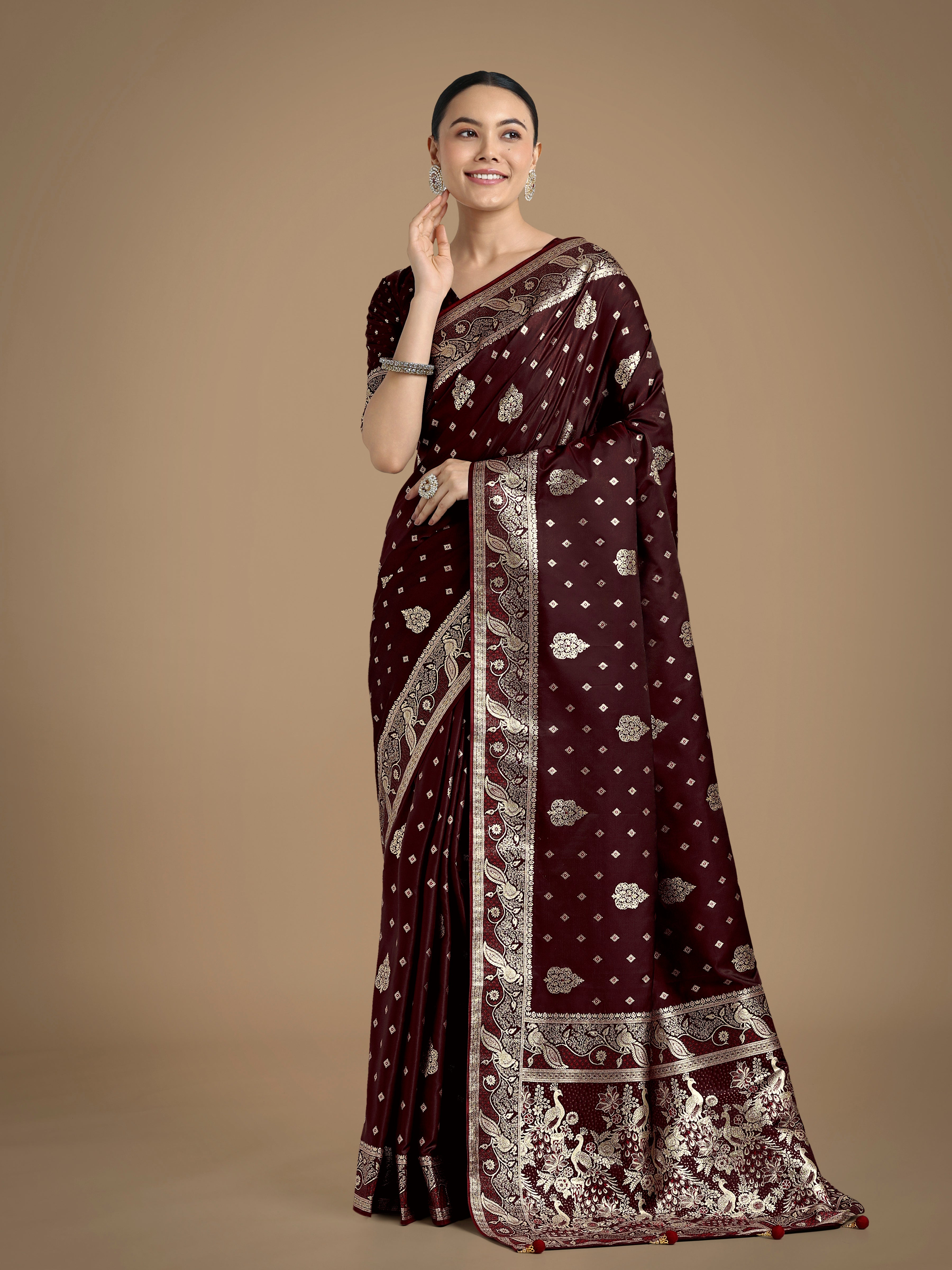 Traditional Maroon Woven Banarasi Satin Silk Saree