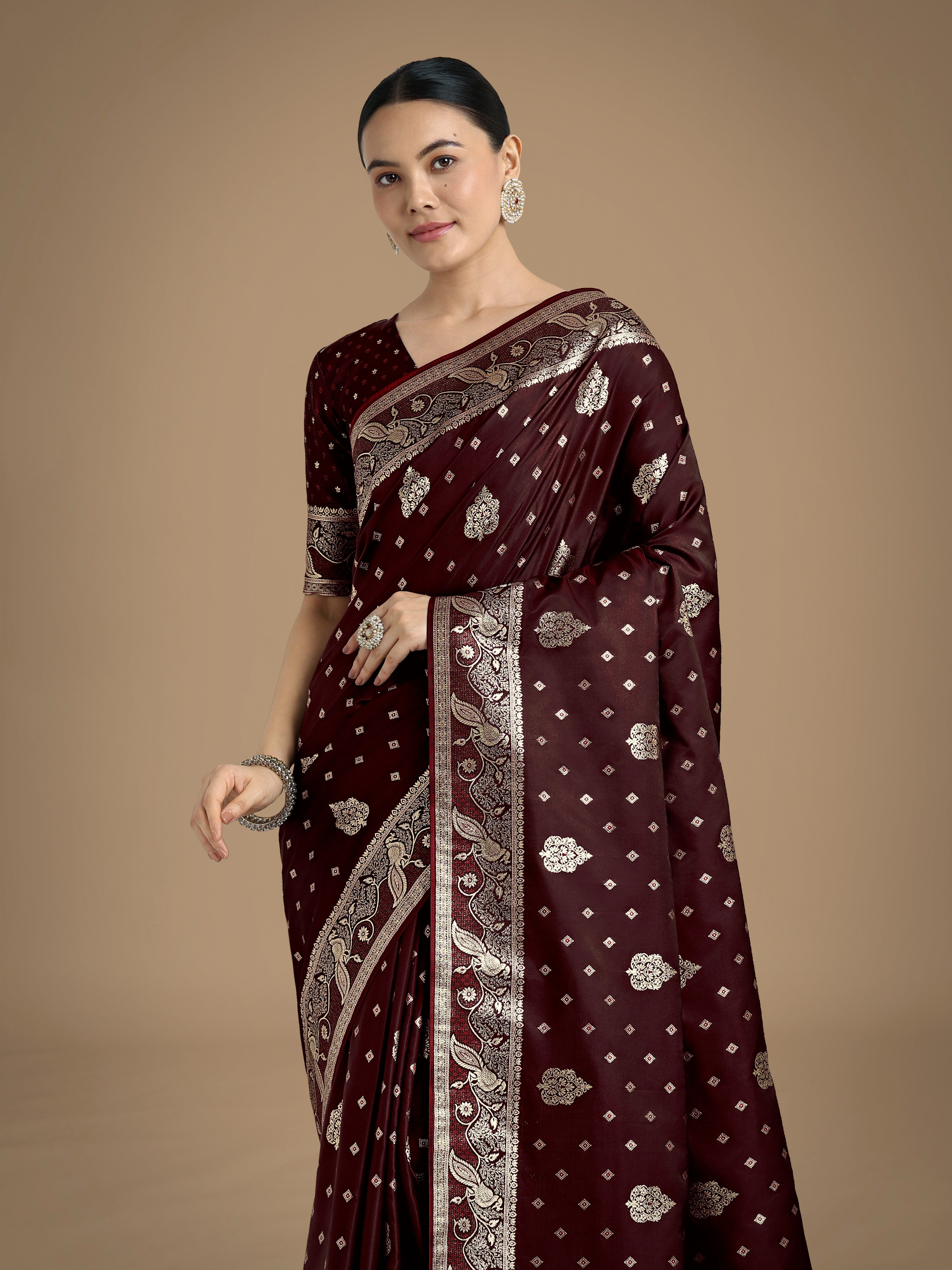 Traditional Maroon Woven Banarasi Satin Silk Saree