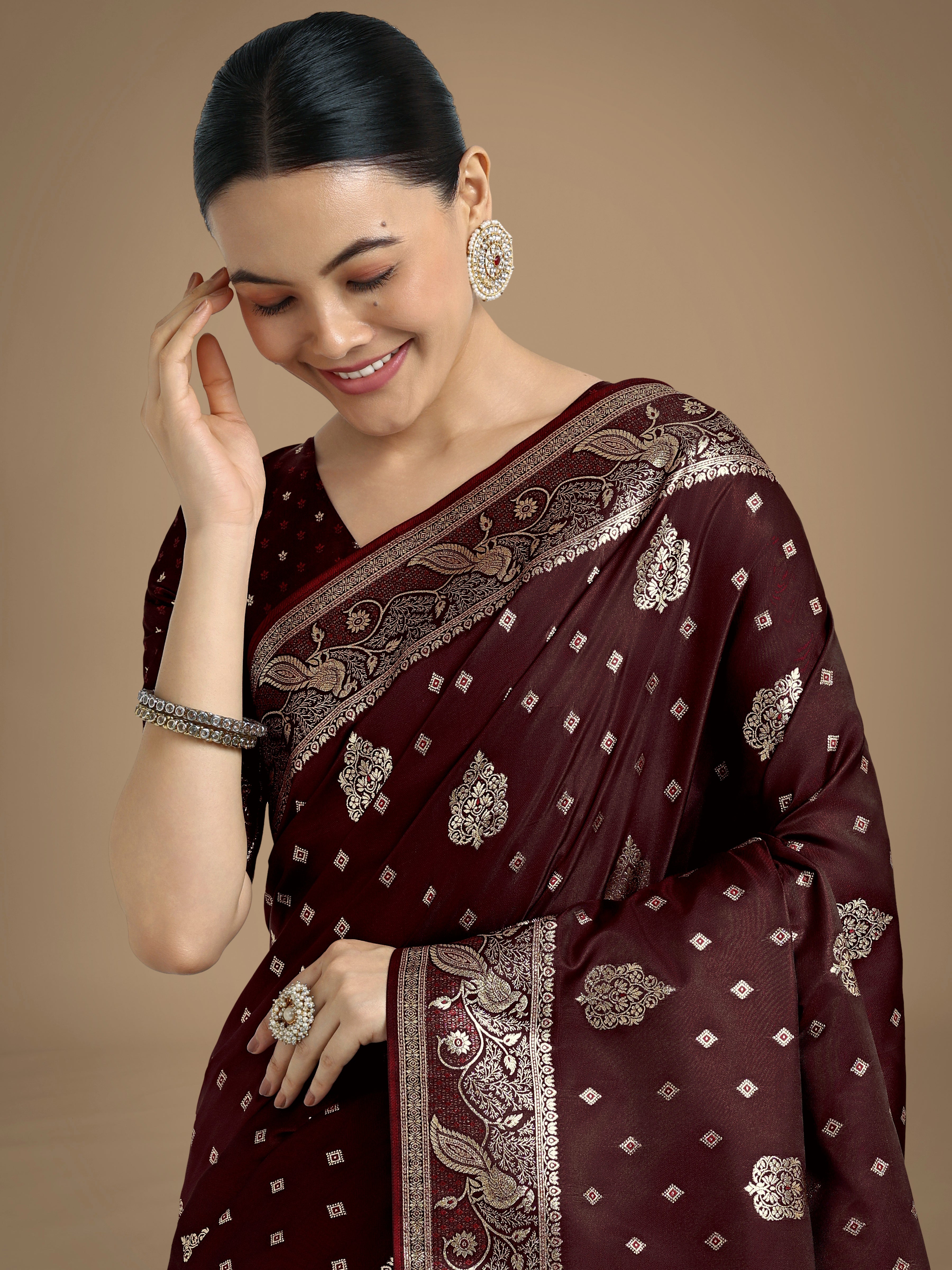 Traditional Maroon Woven Banarasi Satin Silk Saree