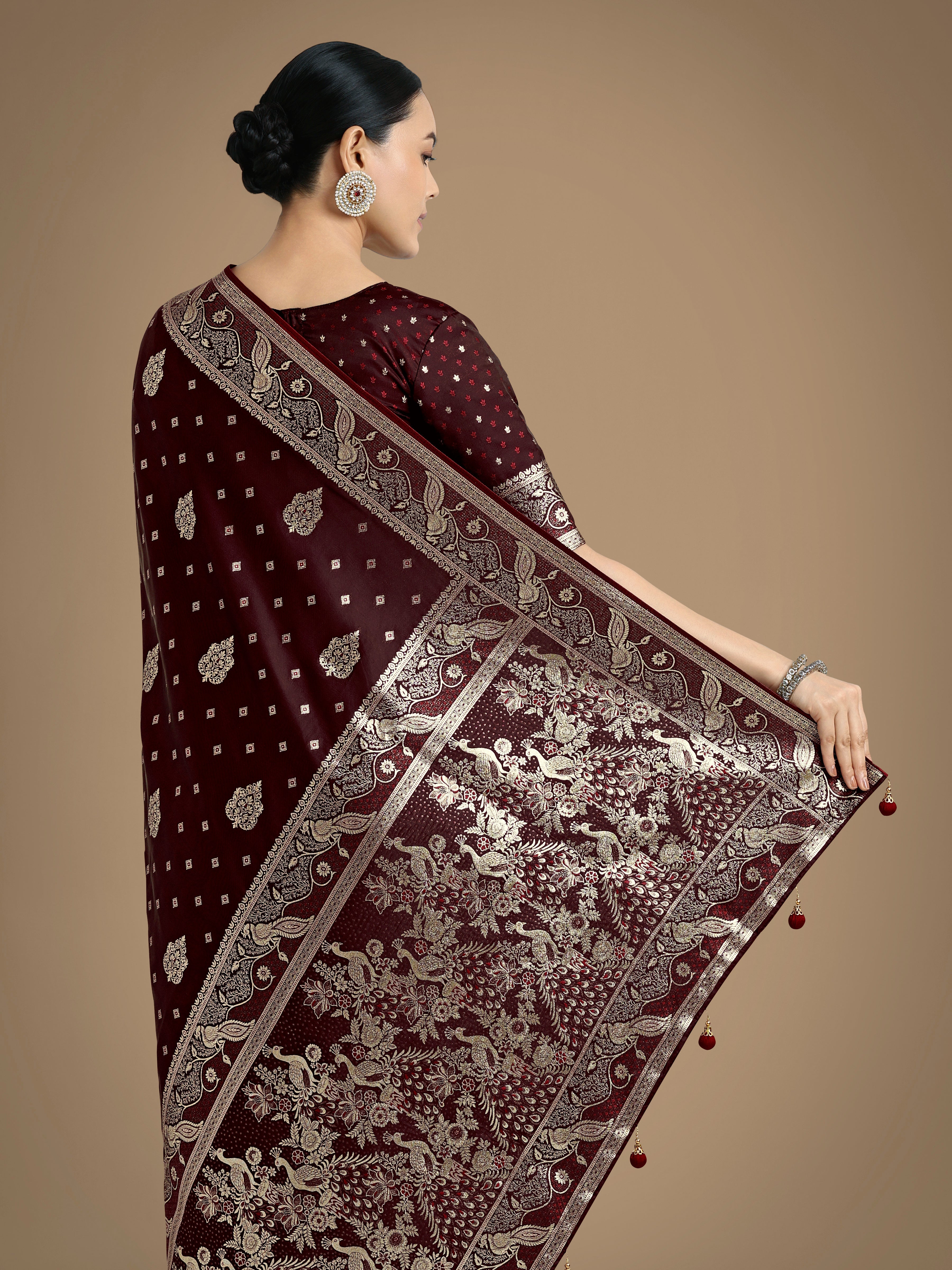 Traditional Maroon Woven Banarasi Satin Silk Saree