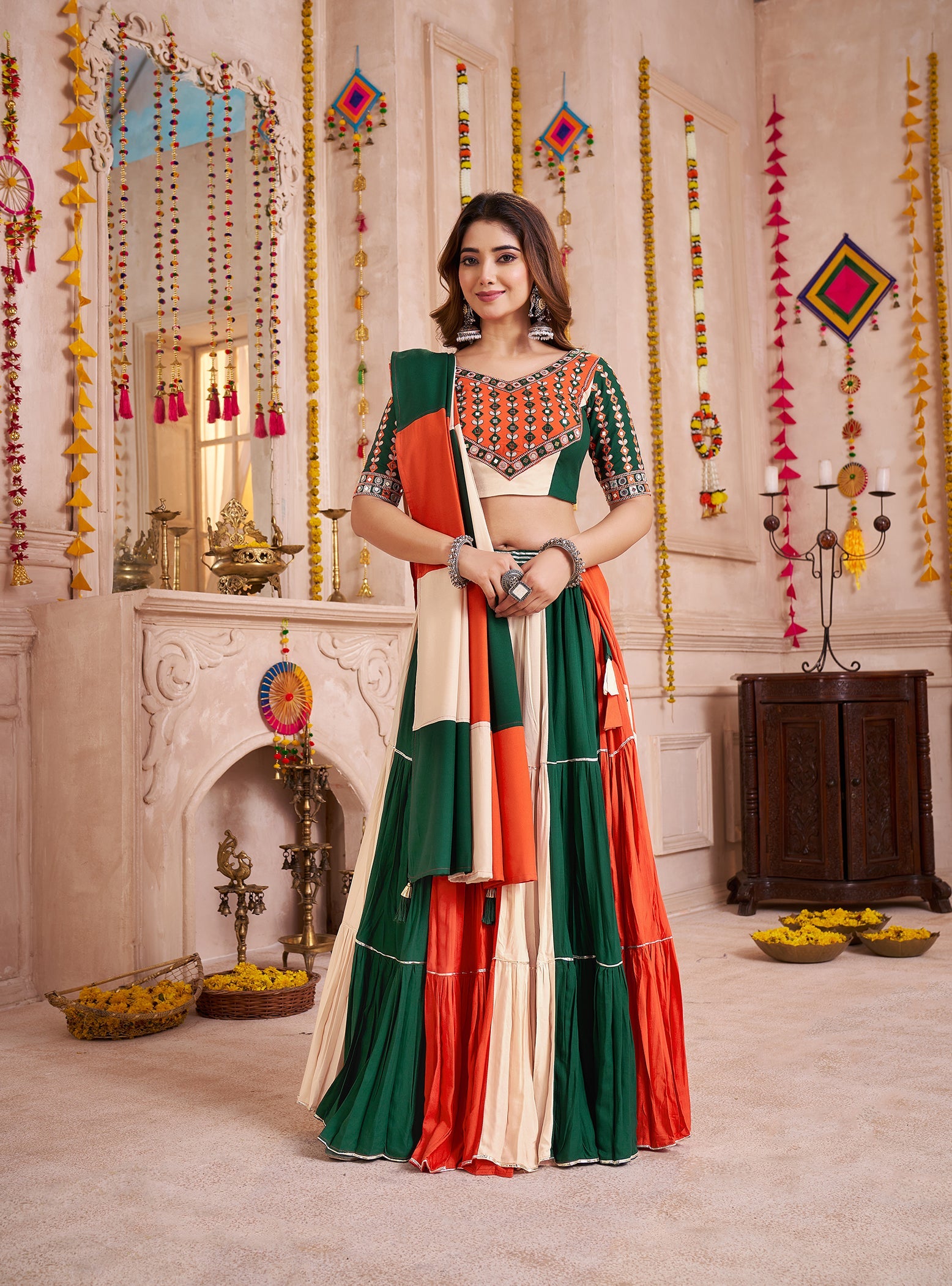 Colorful Viscose Cotton Navratri Chaniya Choli with Kutchi Patch & Mirror Work