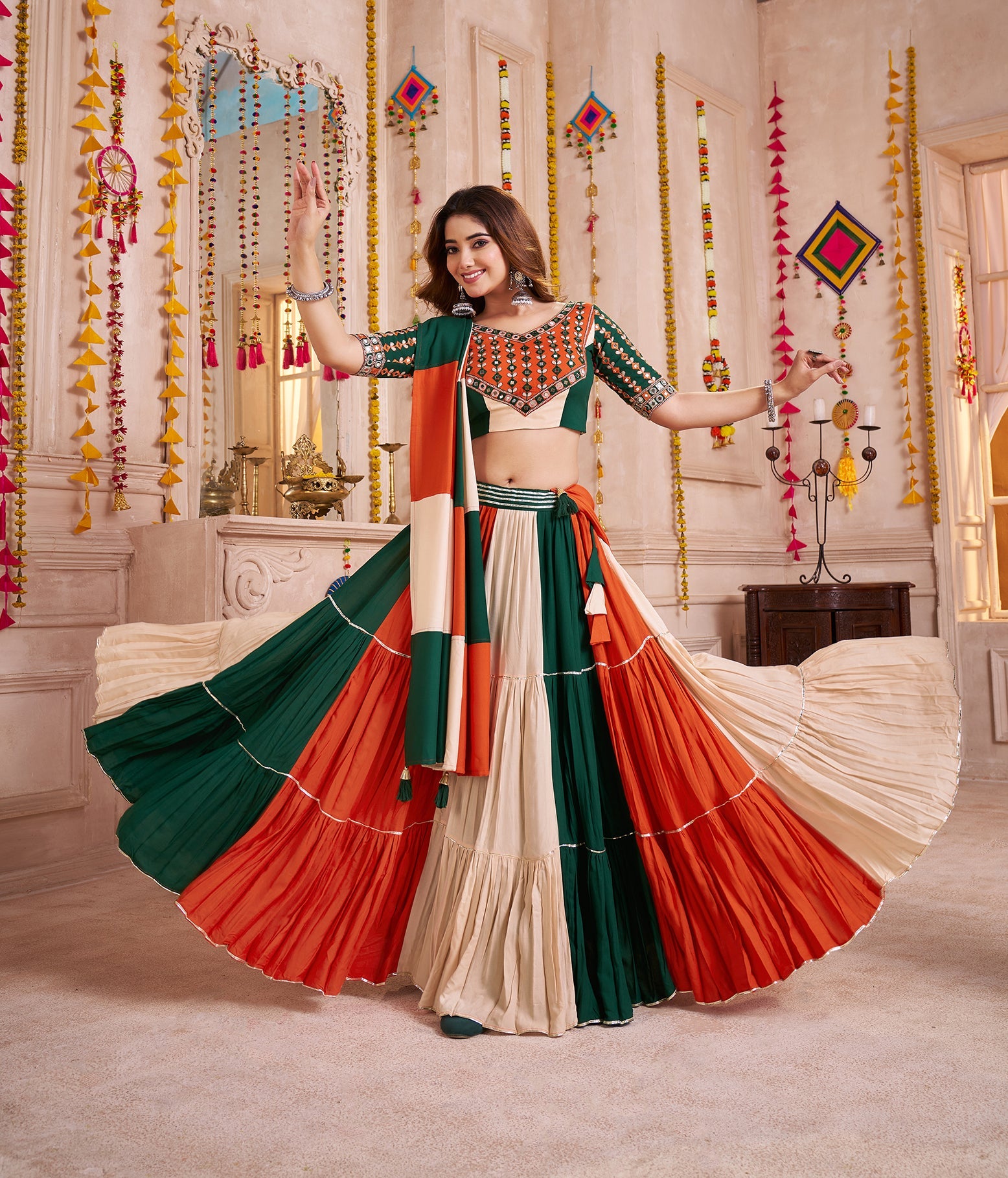 Colorful Viscose Cotton Navratri Chaniya Choli with Kutchi Patch & Mirror Work