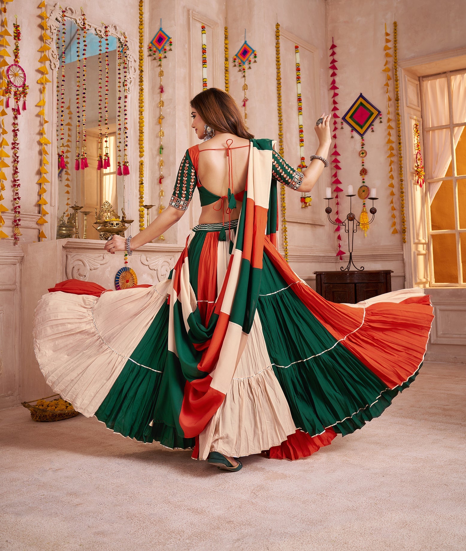 Colorful Viscose Cotton Navratri Chaniya Choli with Kutchi Patch & Mirror Work