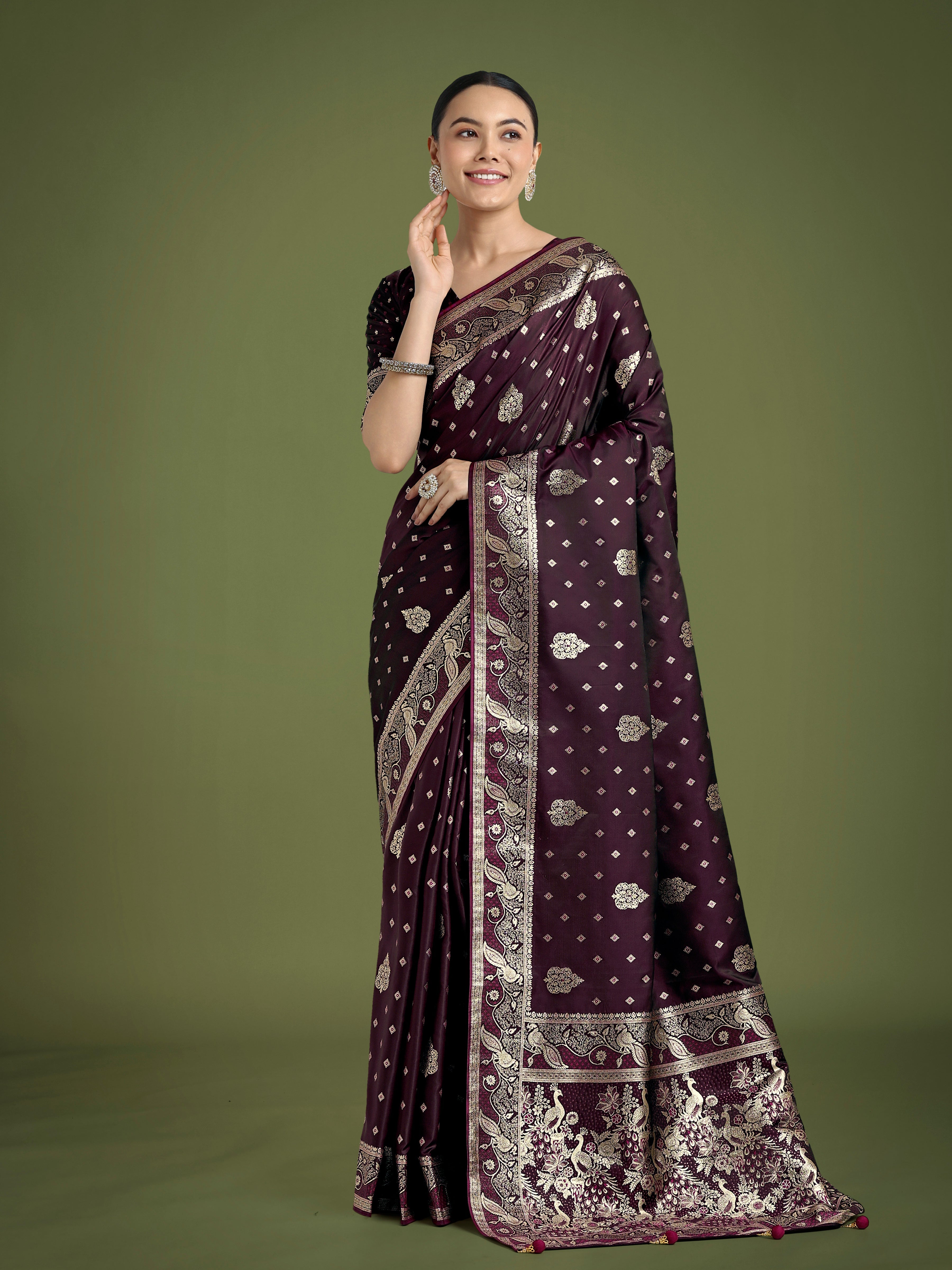 Traditional Wine Woven Banarasi Satin Silk Saree