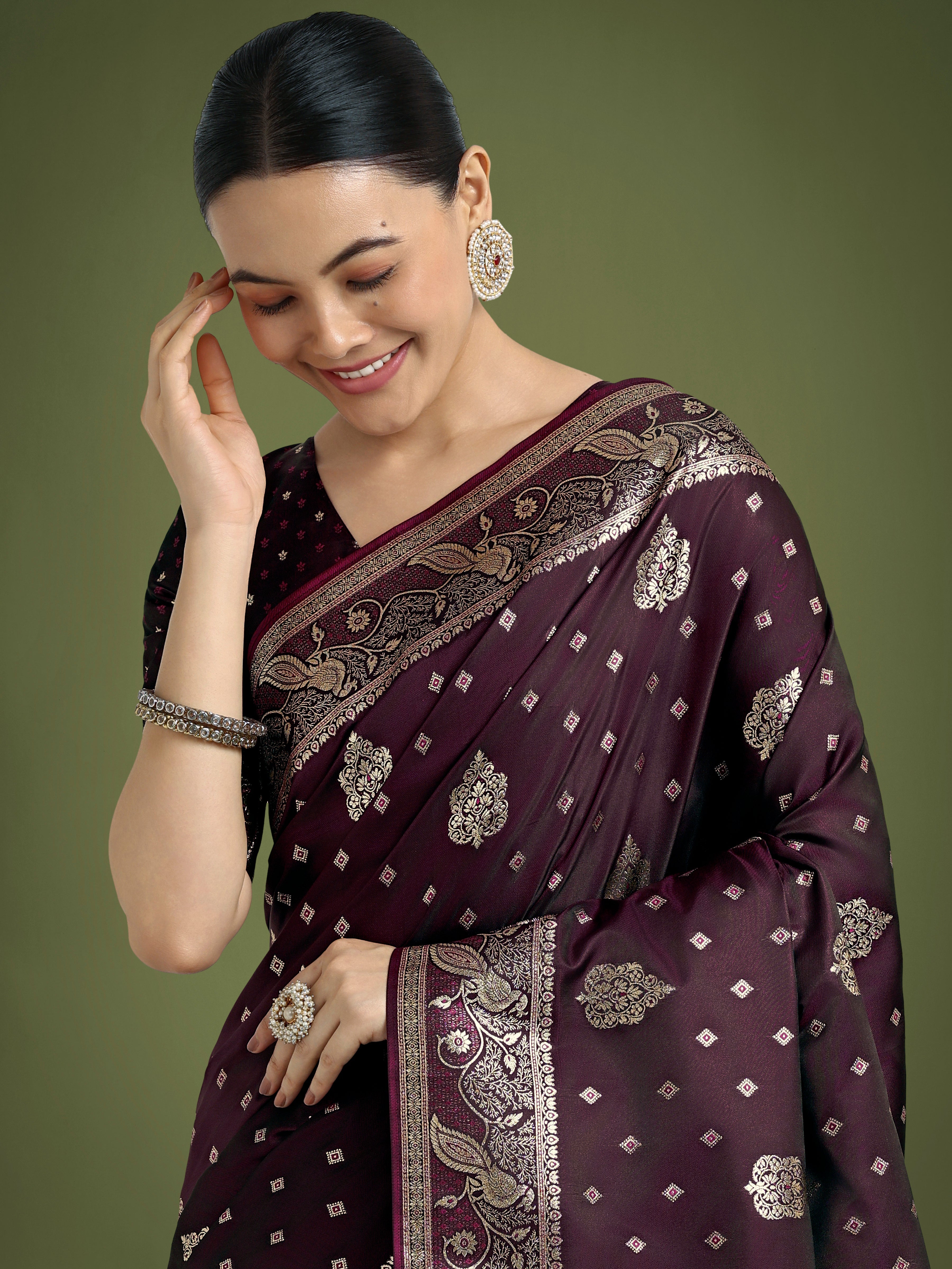 Traditional Wine Woven Banarasi Satin Silk Saree