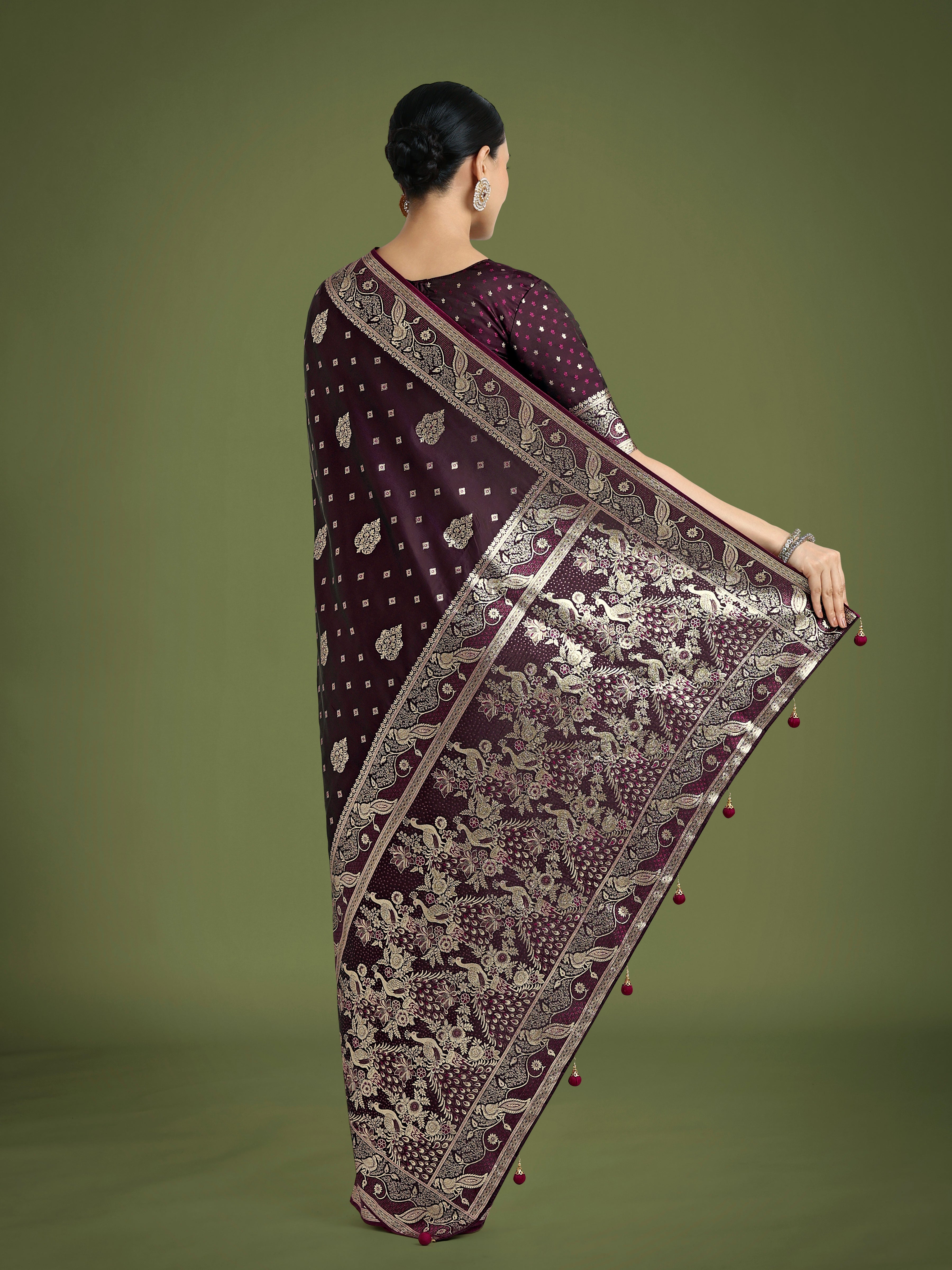Traditional Wine Woven Banarasi Satin Silk Saree