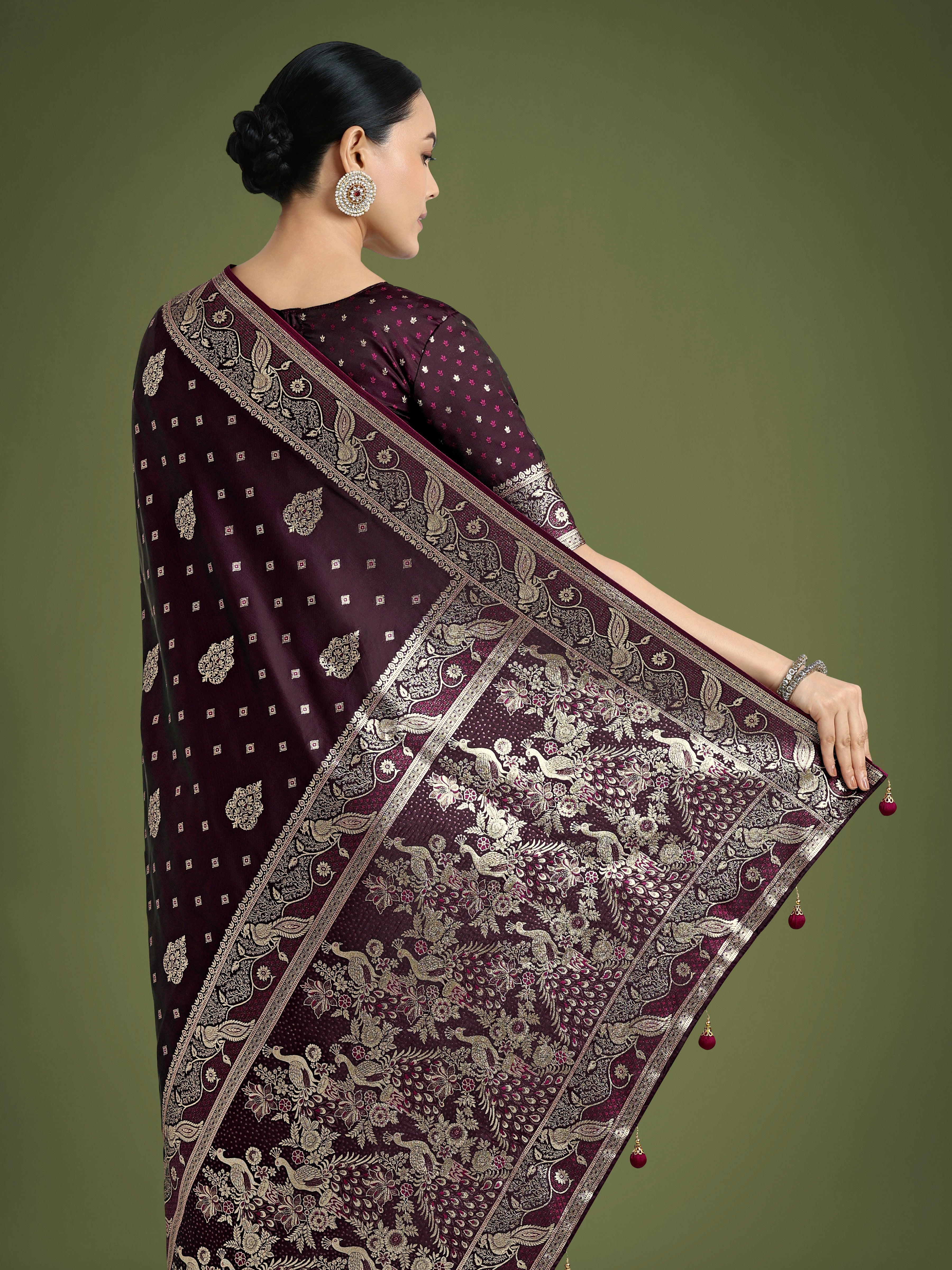 Traditional Wine Woven Banarasi Satin Silk Saree
