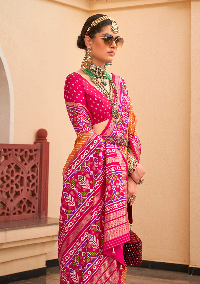 Orange Patola Print Zari Weaving Silk Saree