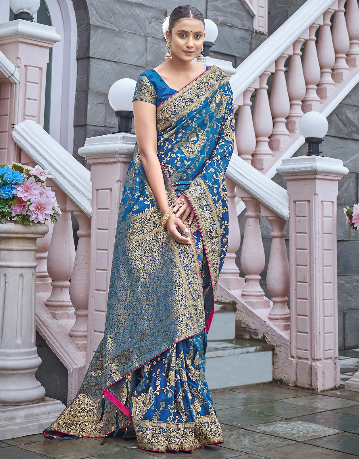 Turquoise Banarasi Silk Blend Zari Woven Designer Saree