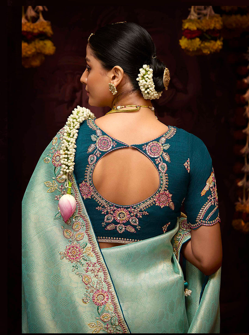 Turquoise Banarasi Silk Zari Woven Embroidered Saree With Contrast Blouse