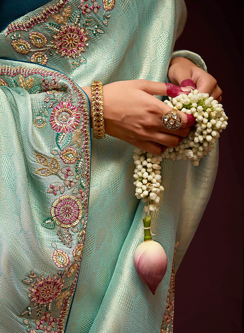 Turquoise Banarasi Silk Zari Woven Embroidered Saree With Contrast Blouse