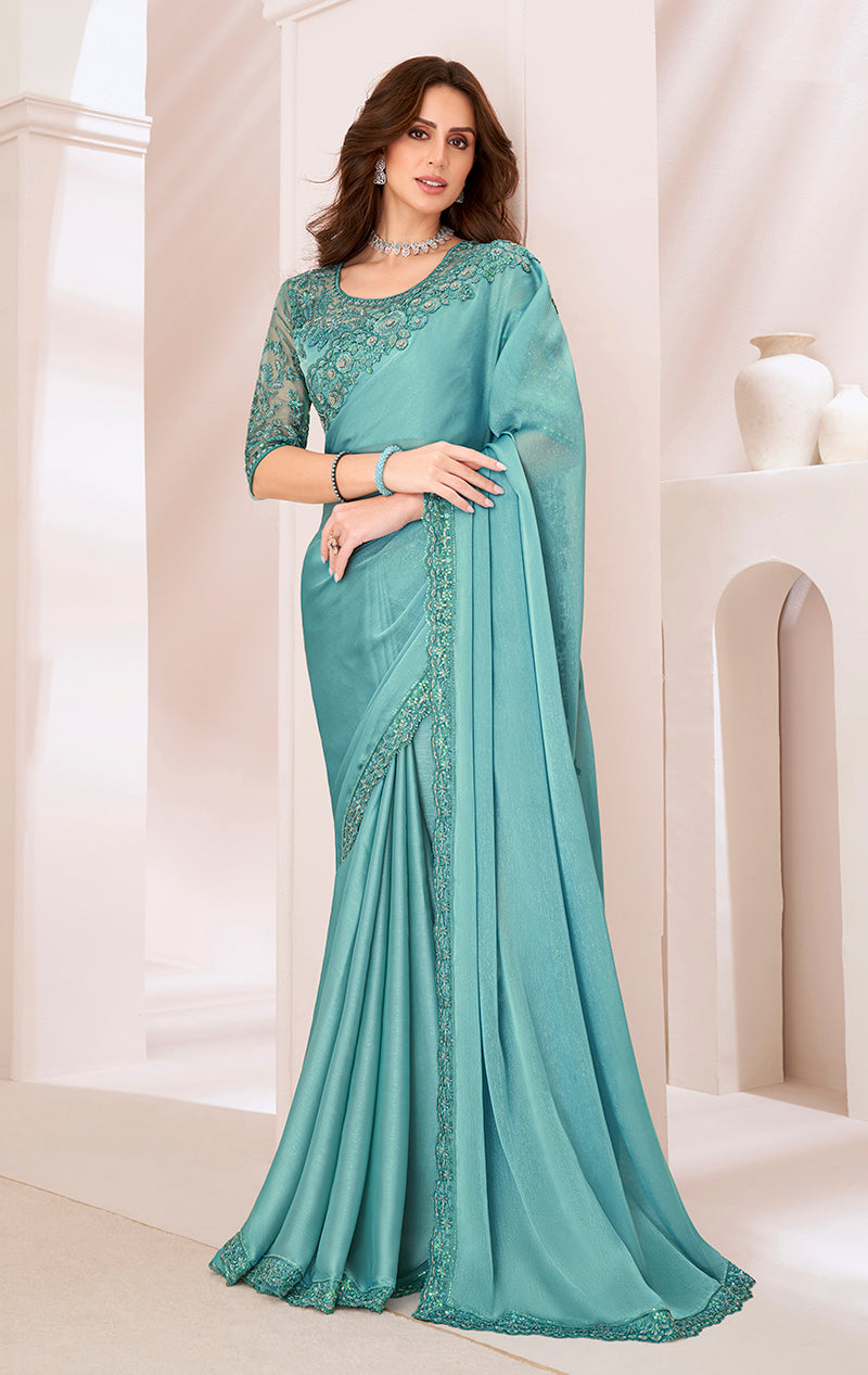 Turquoise Chiffon Embroidered Sequins Work Saree