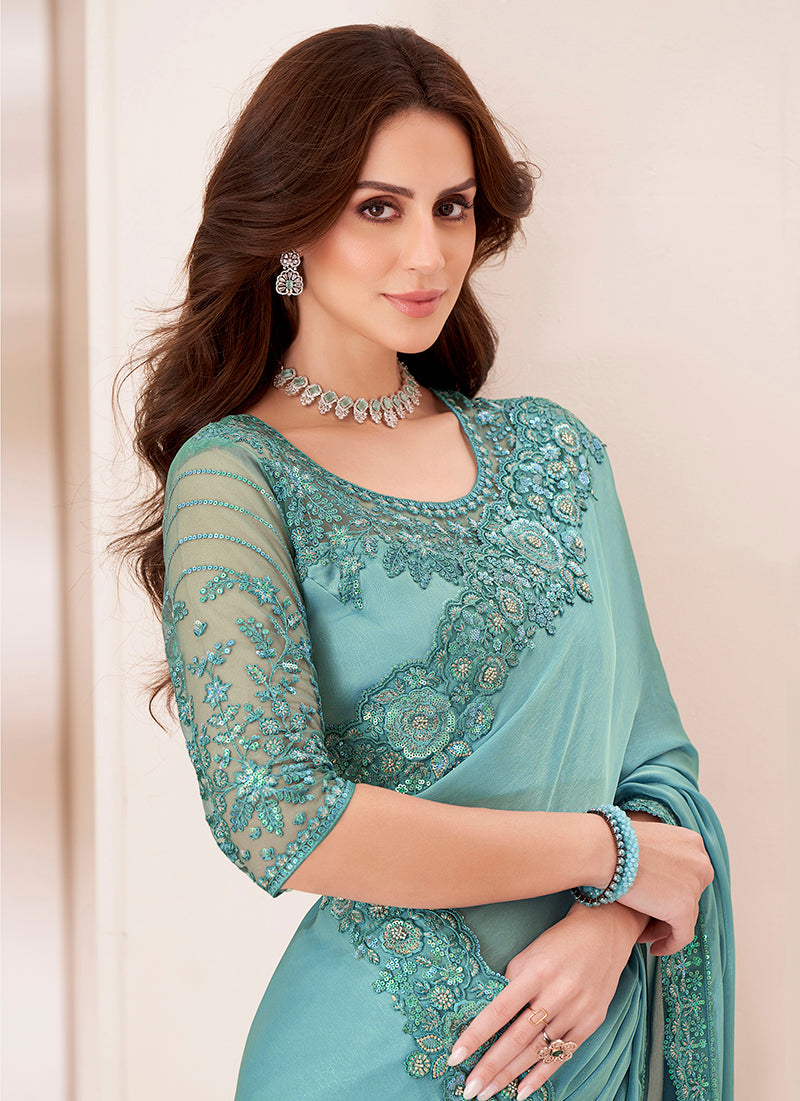 Turquoise Chiffon Embroidered Sequins Work Saree