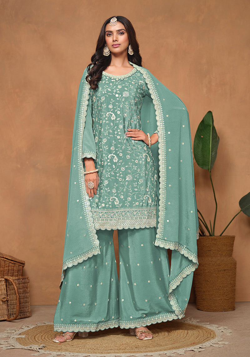 Turquoise Chinon Embroidered Designer Palazzo Suit