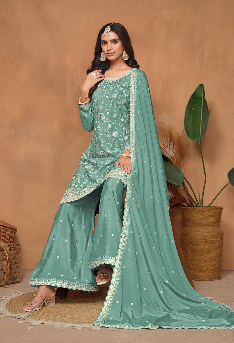 Turquoise Chinon Embroidered Designer Palazzo Suit