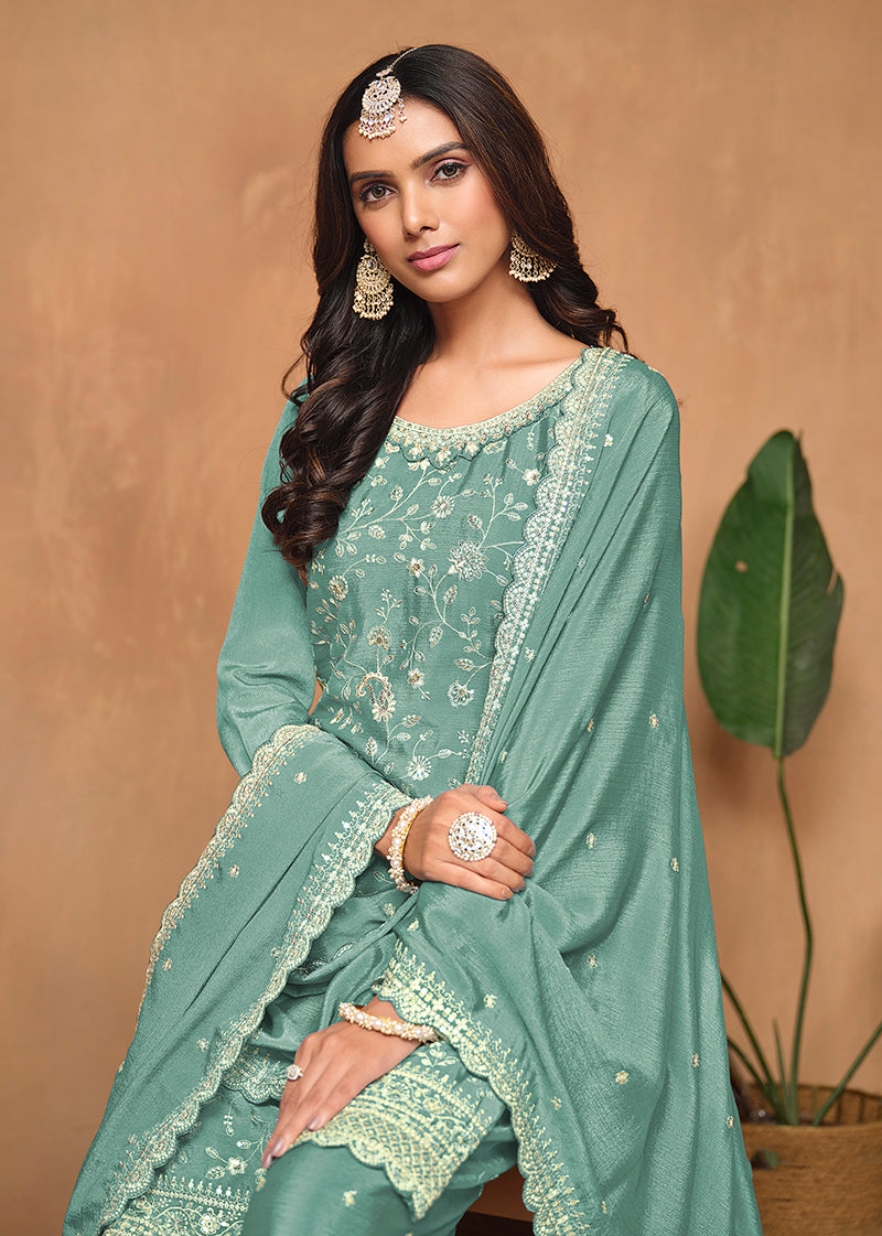 Turquoise Chinon Embroidered Designer Palazzo Suit