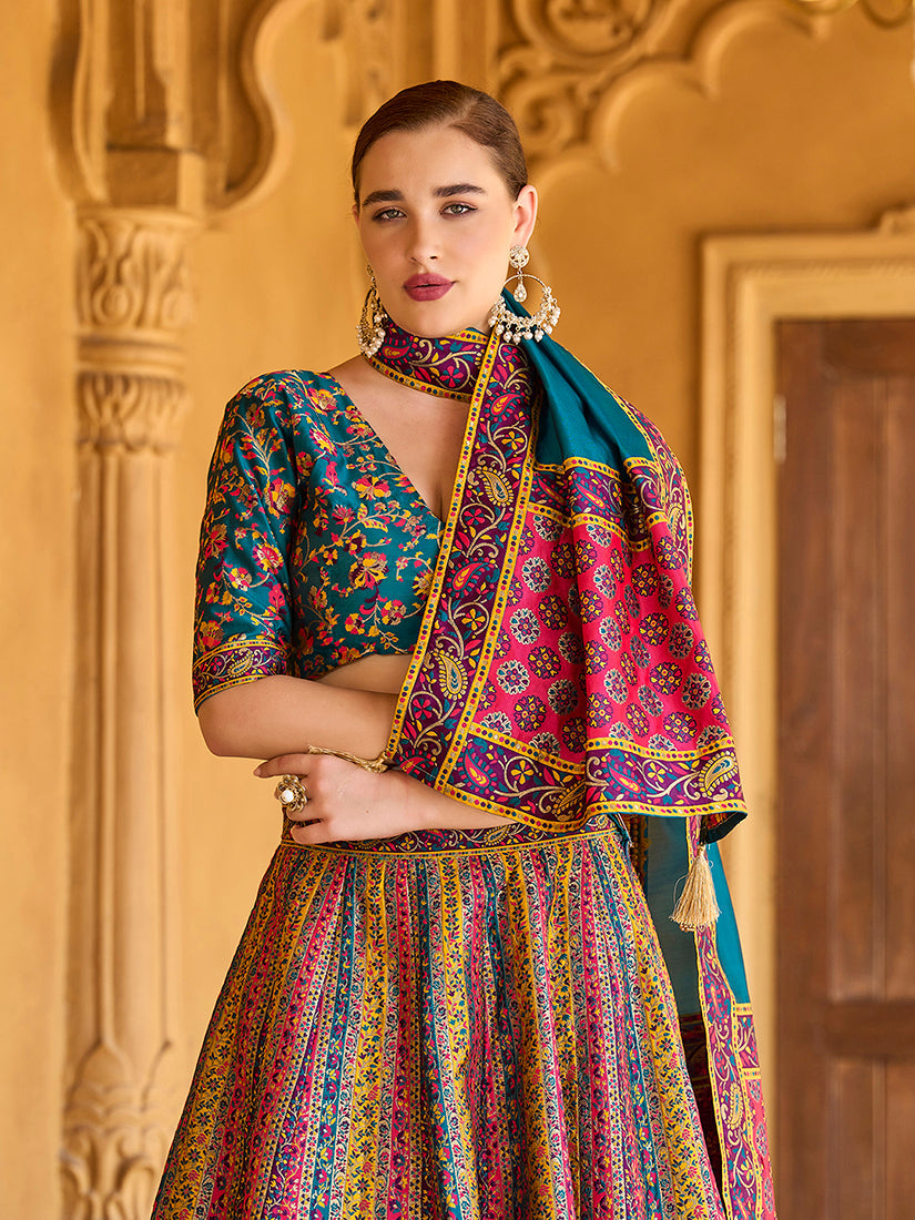Turquoise color Jacquard Designer Lehenga Choli For Festival