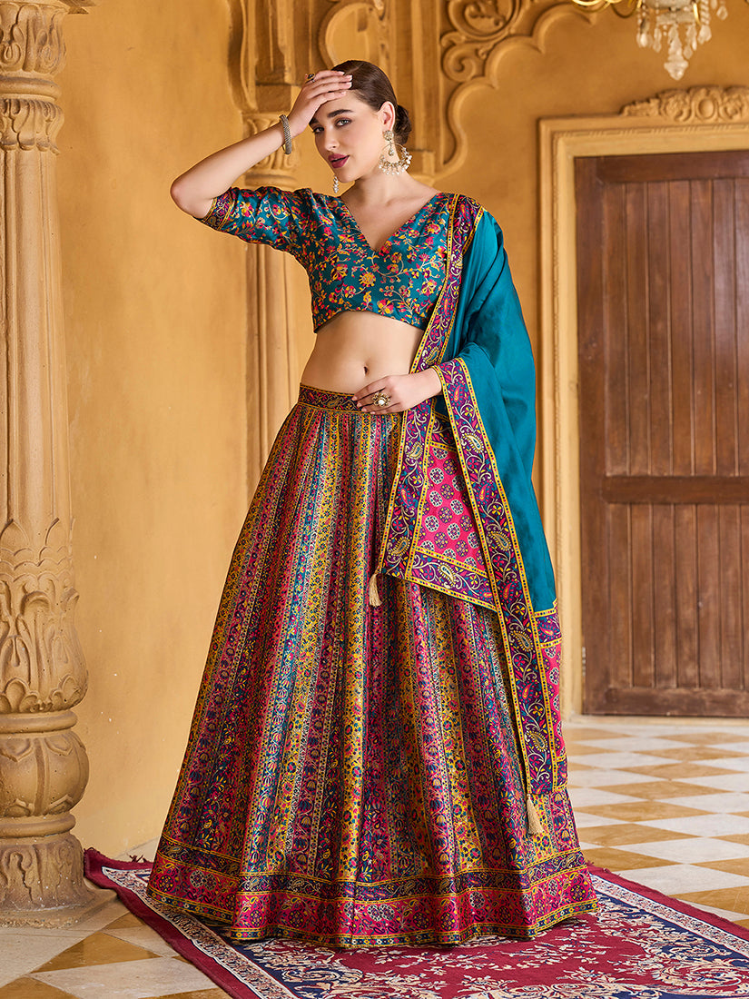 Turquoise color Jacquard Designer Lehenga Choli For Festival
