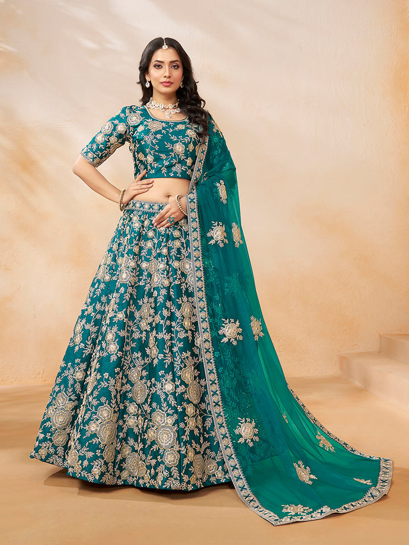 Turquoise Embroidered Art Silk Ceremony Lehenga Choli