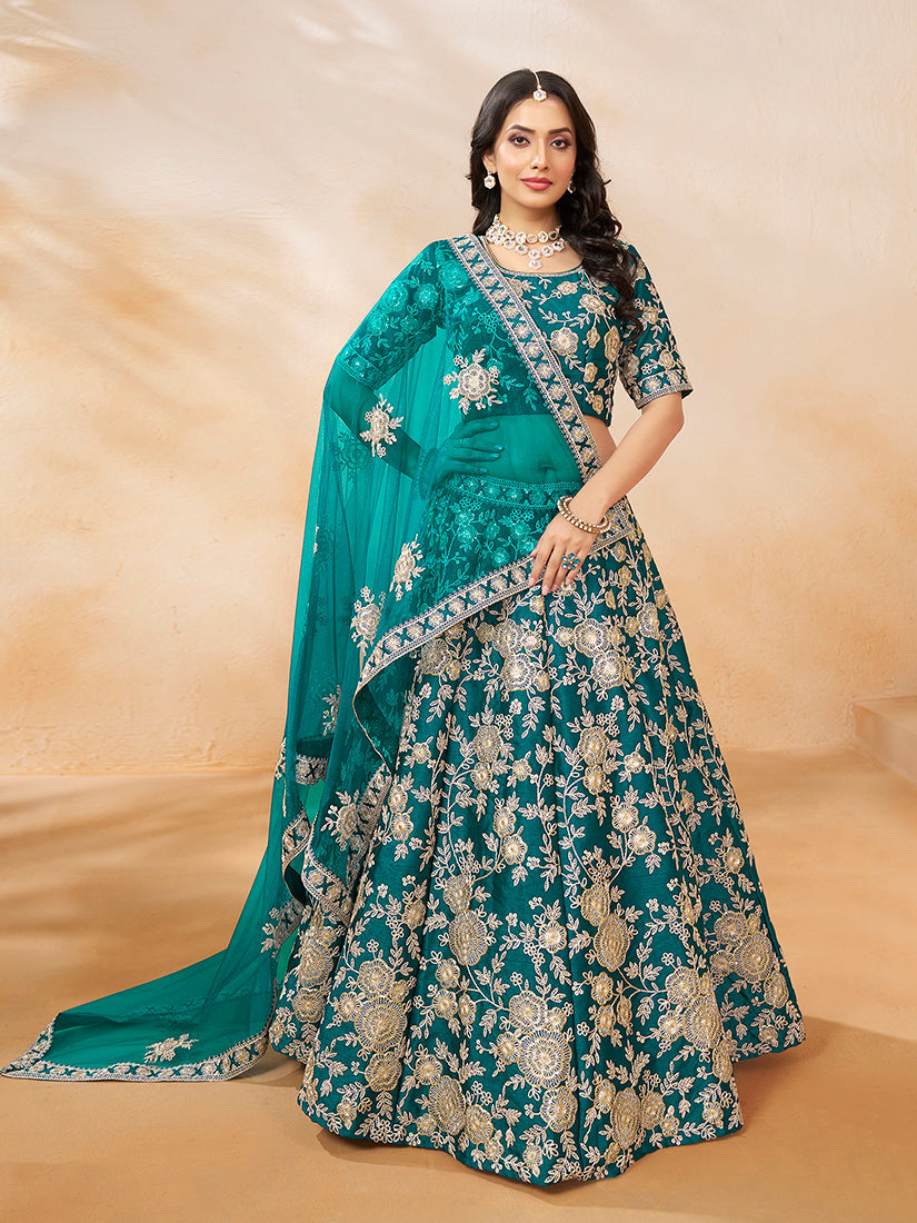 Turquoise Embroidered Art Silk Ceremony Lehenga Choli