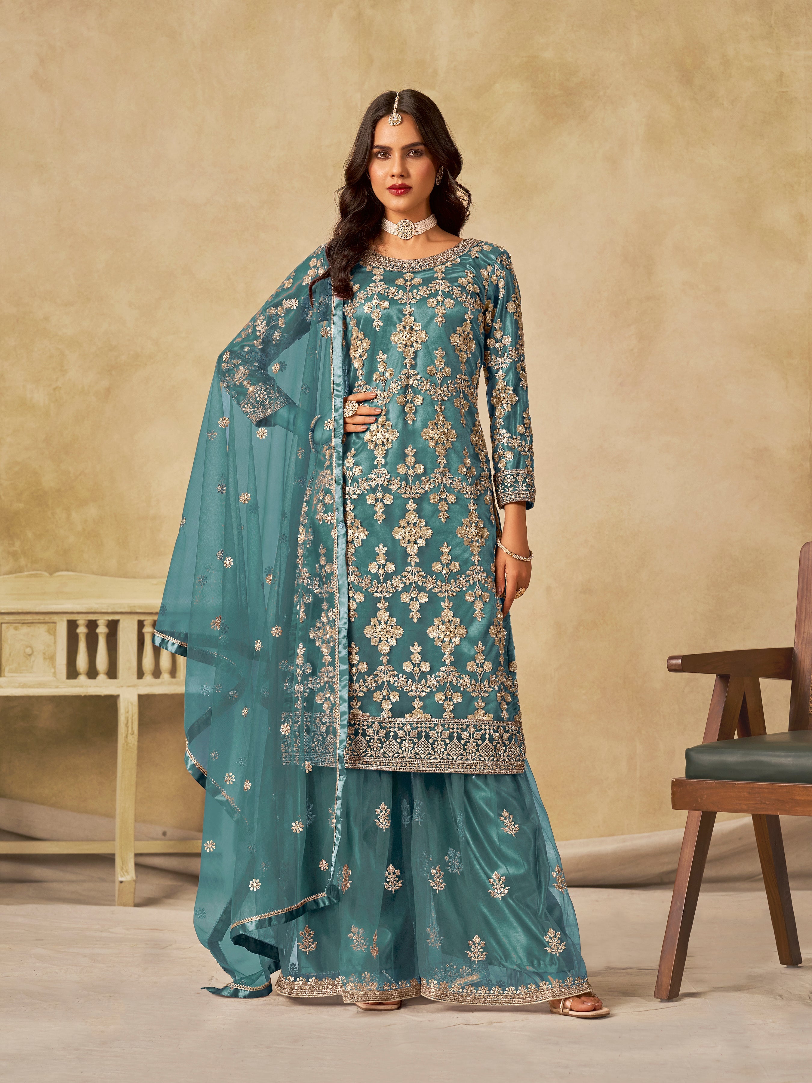 Turquoise Embroidered Sequins Work Net Palazzo Salwar Kameez