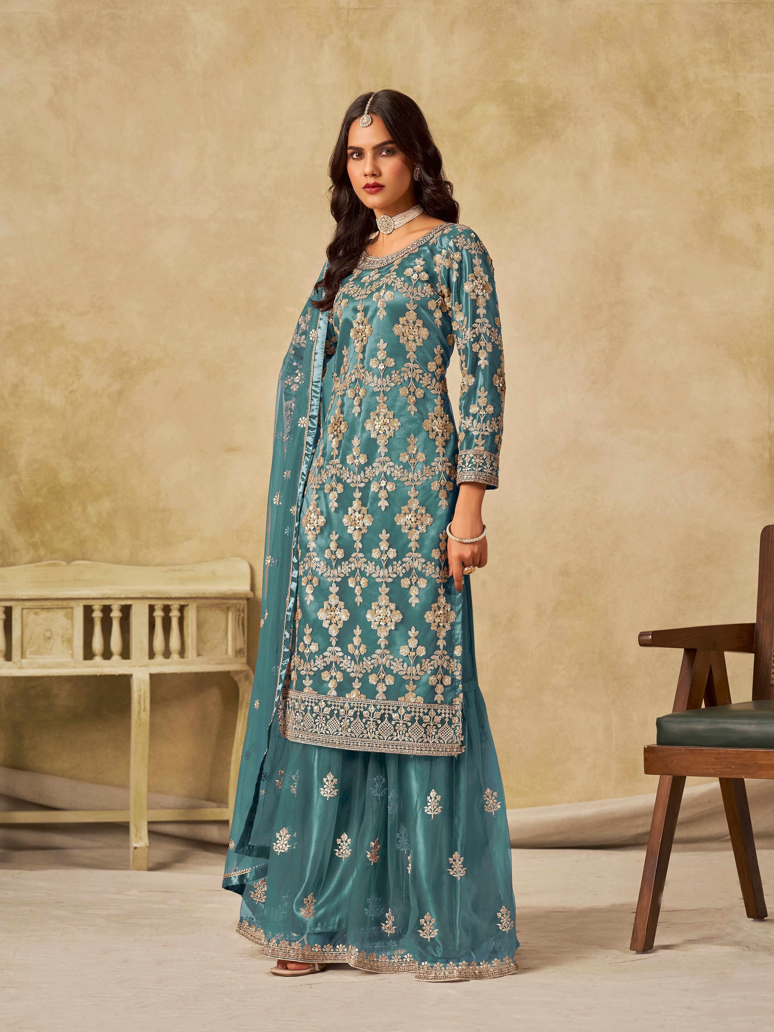 Turquoise Embroidered Sequins Work Net Palazzo Salwar Kameez