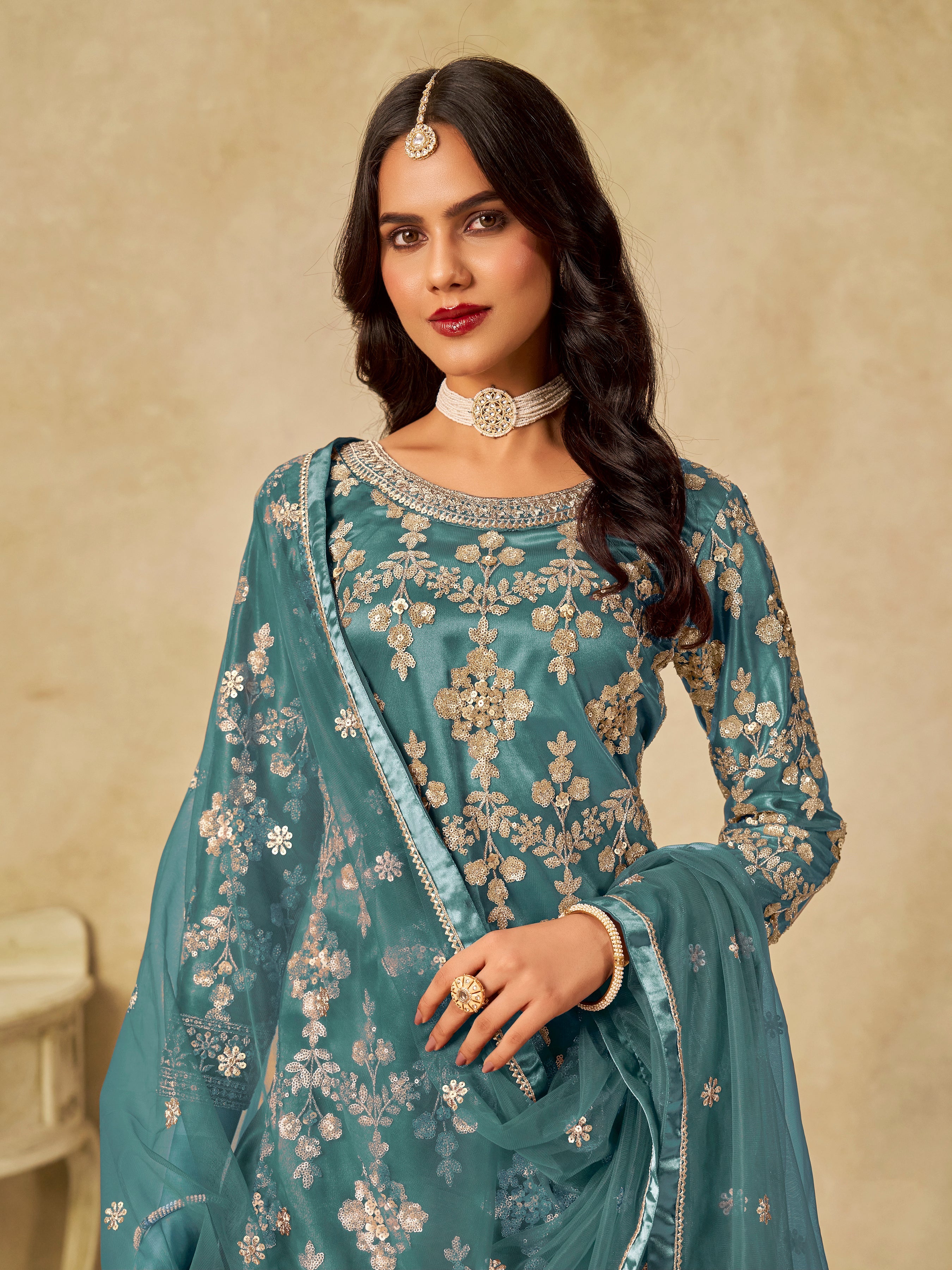 Turquoise Embroidered Sequins Work Net Palazzo Salwar Kameez