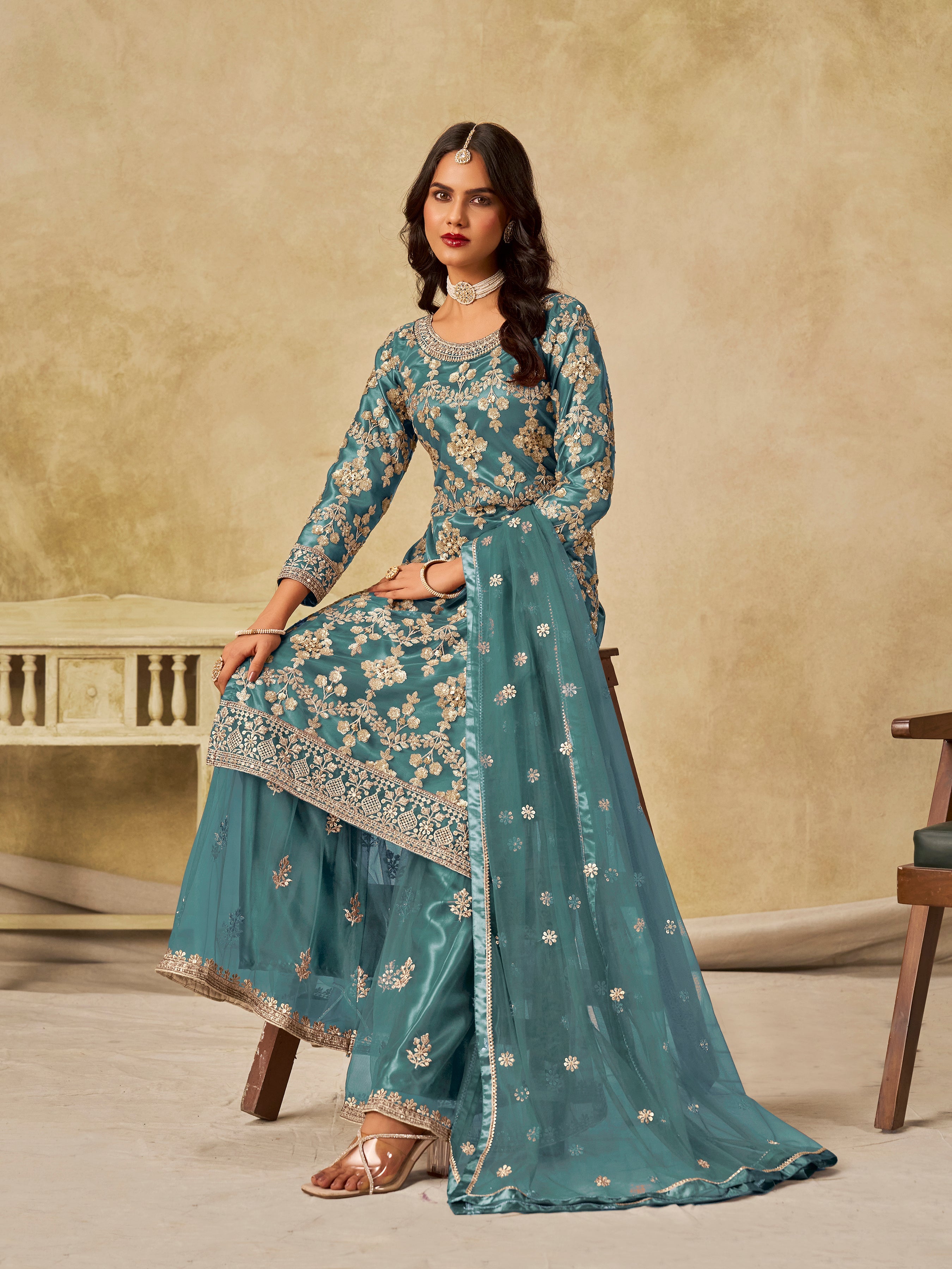 Turquoise Embroidered Sequins Work Net Palazzo Salwar Kameez