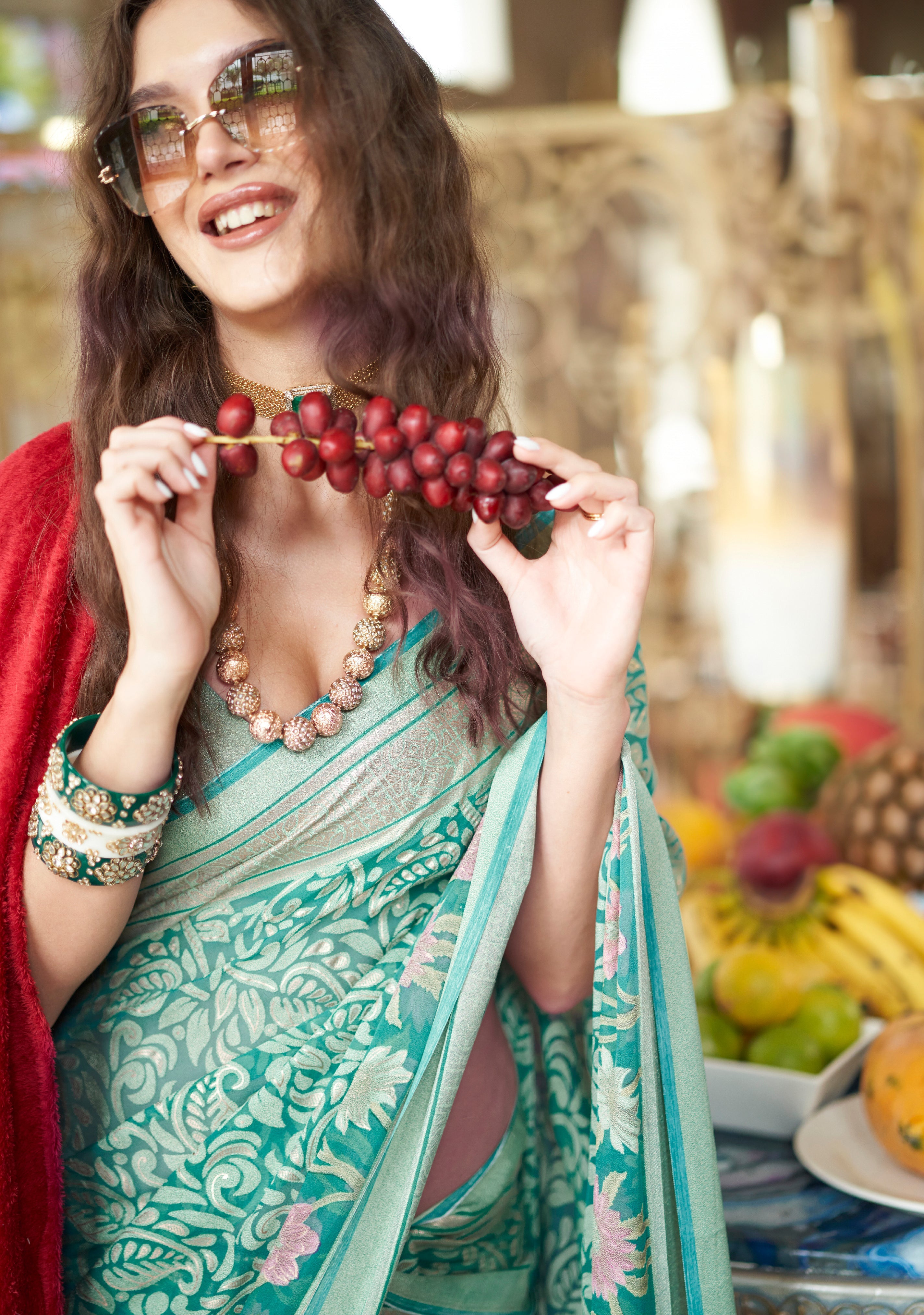 Turquoise Fancy Foil Print Work Georgette Classic Saree