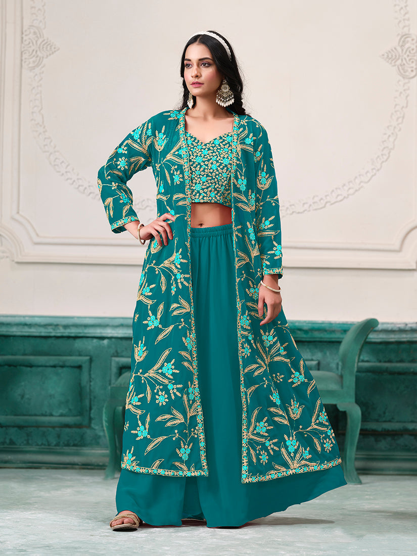 Turquoise Faux Georgette Embroidered Readymade Suit With Shrug
