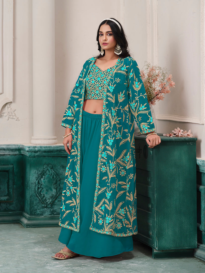 Turquoise Faux Georgette Embroidered Readymade Suit With Shrug