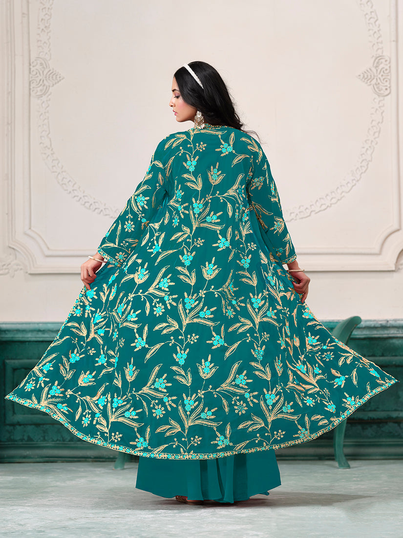 Turquoise Faux Georgette Embroidered Readymade Suit With Shrug