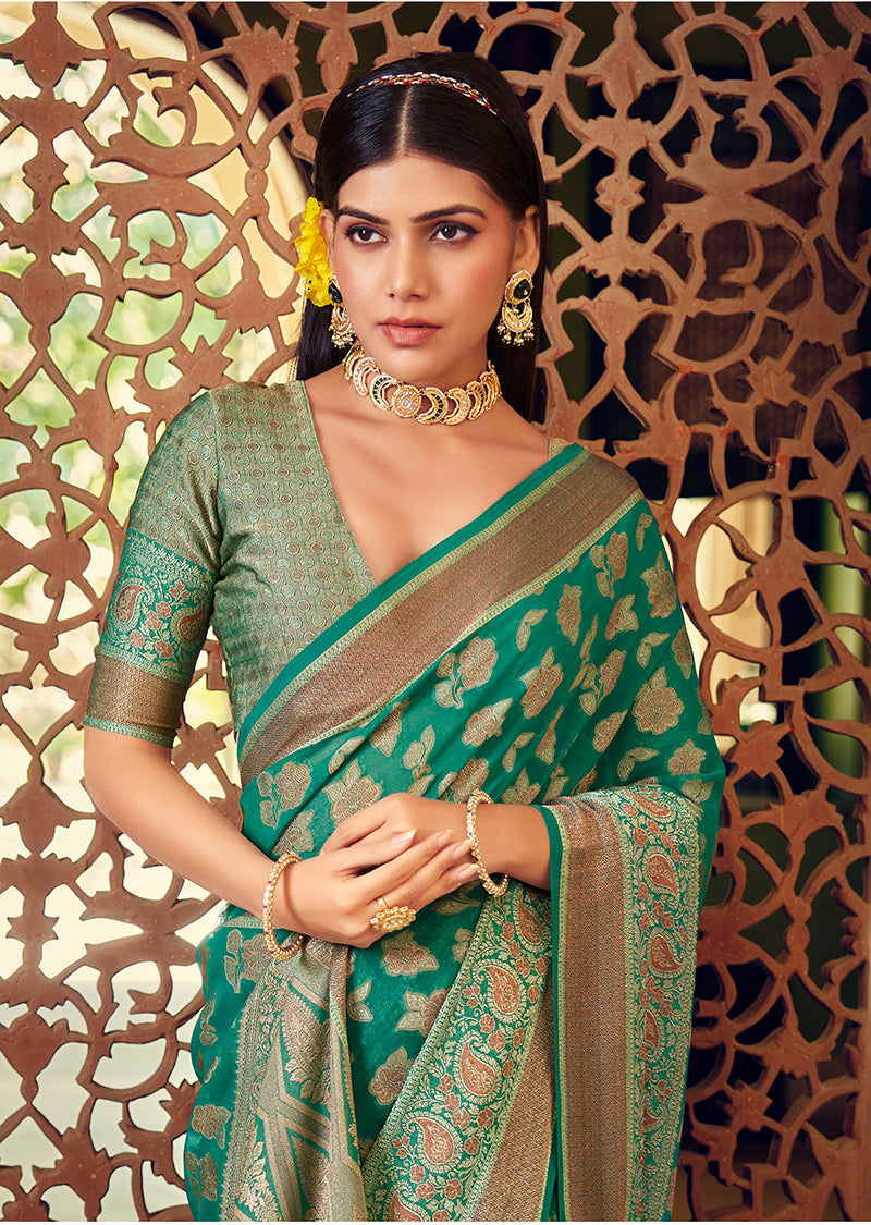 Turquoise Georgette With Weaving Butta Border Pallu Classic Saree