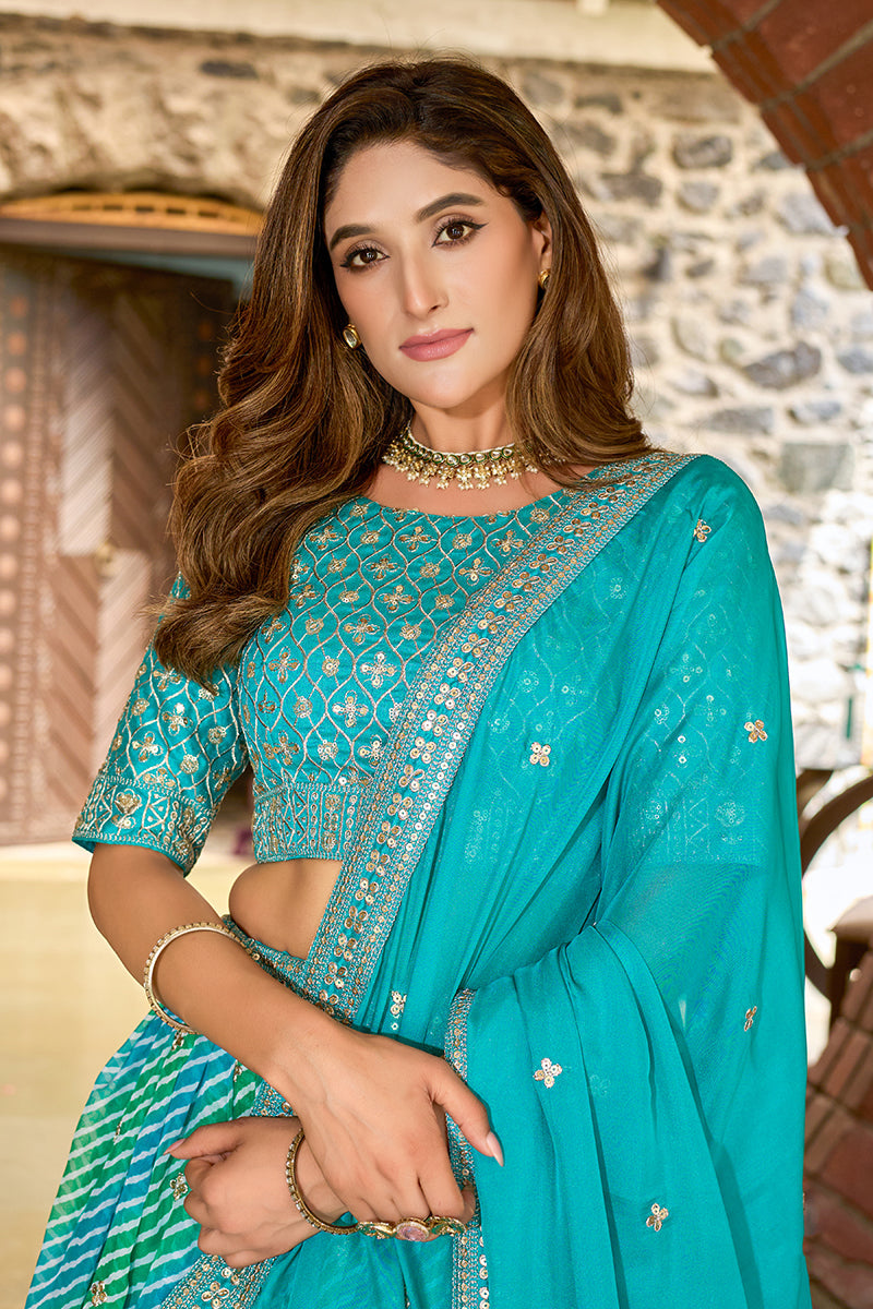 Turquoise Leheriya Print Embroidered Faux Georgette Lehenga Choli