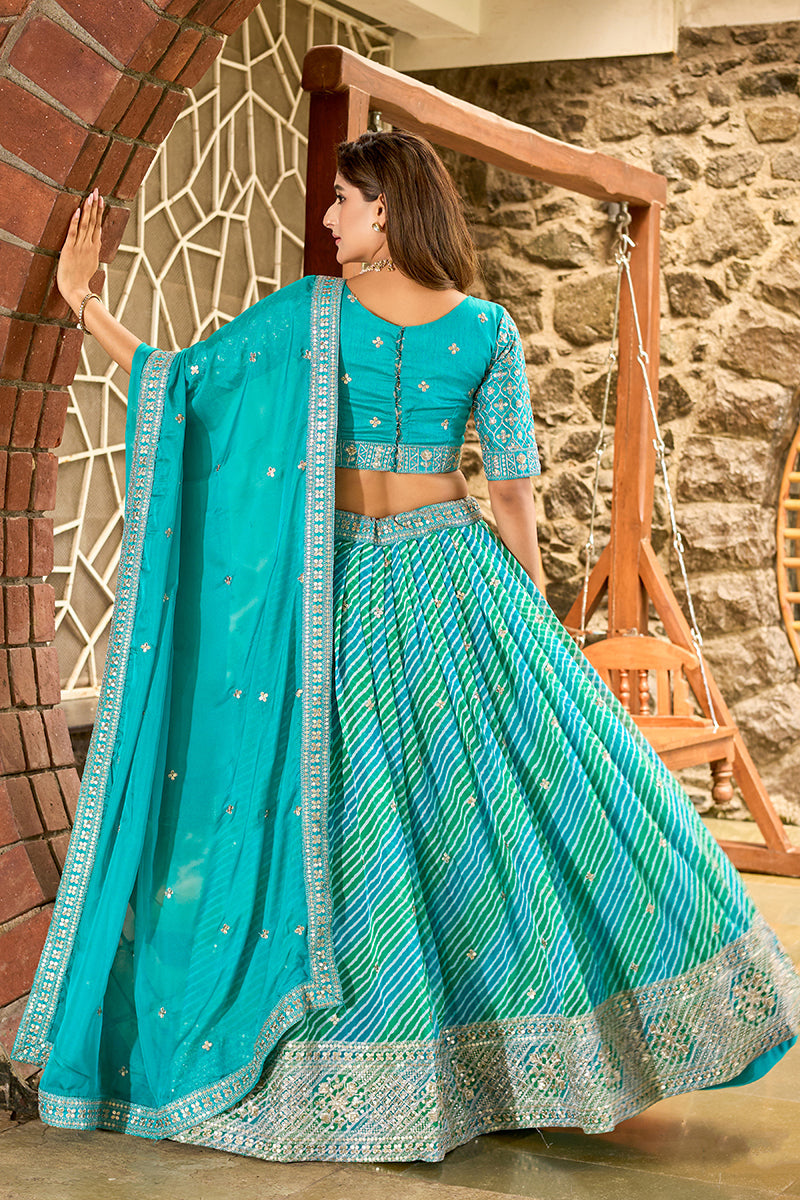 Turquoise Leheriya Print Embroidered Faux Georgette Lehenga Choli