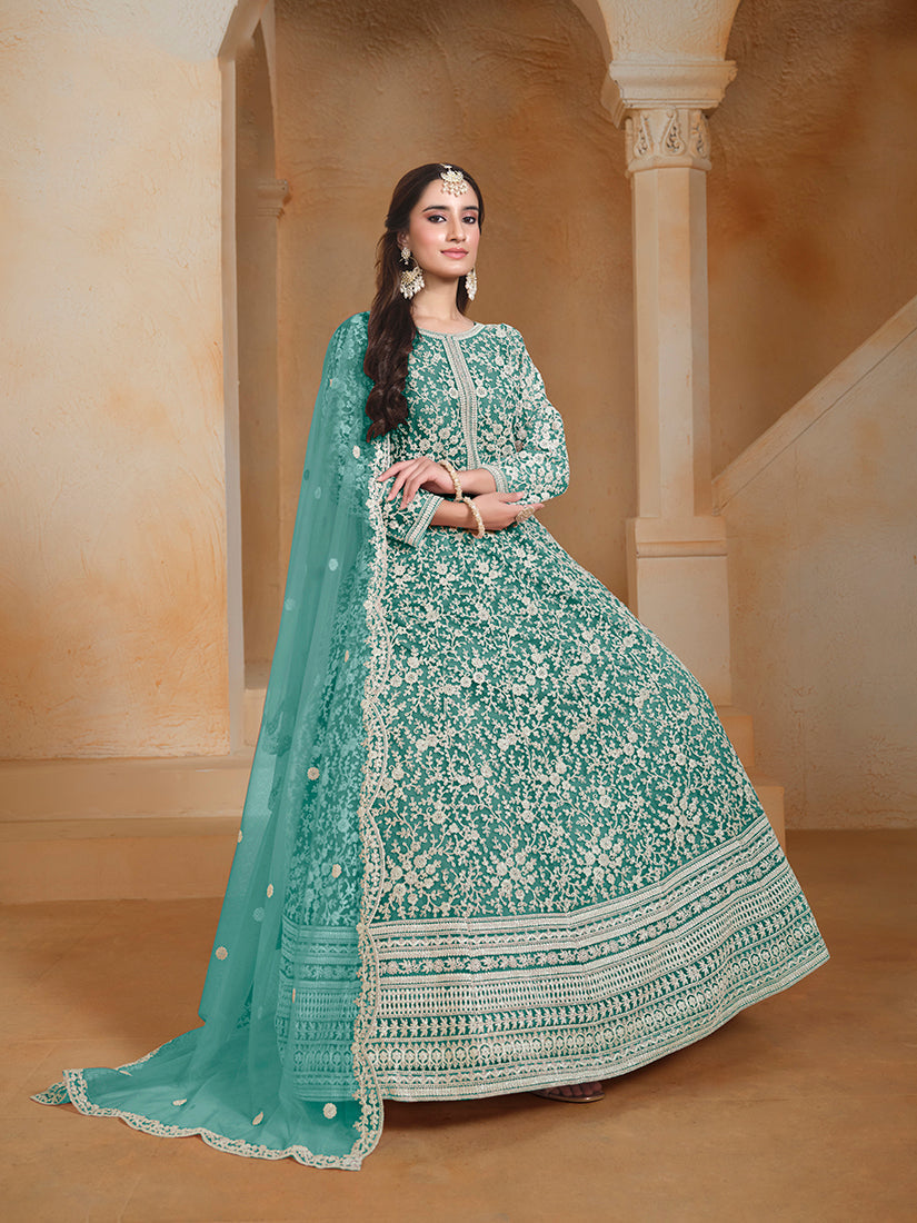 Turquoise Net Embroidered Trendy Wedding Season Anarkali Suit
