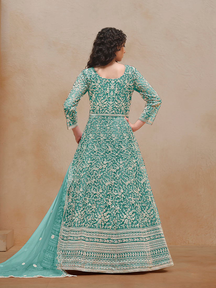 Turquoise Net Embroidered Trendy Wedding Season Anarkali Suit