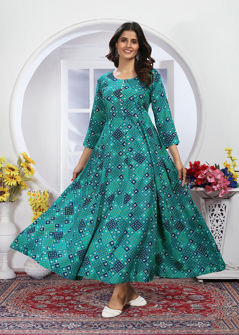 Turquoise Premium Rayon Floral Printed Long Kurti with Dupatta