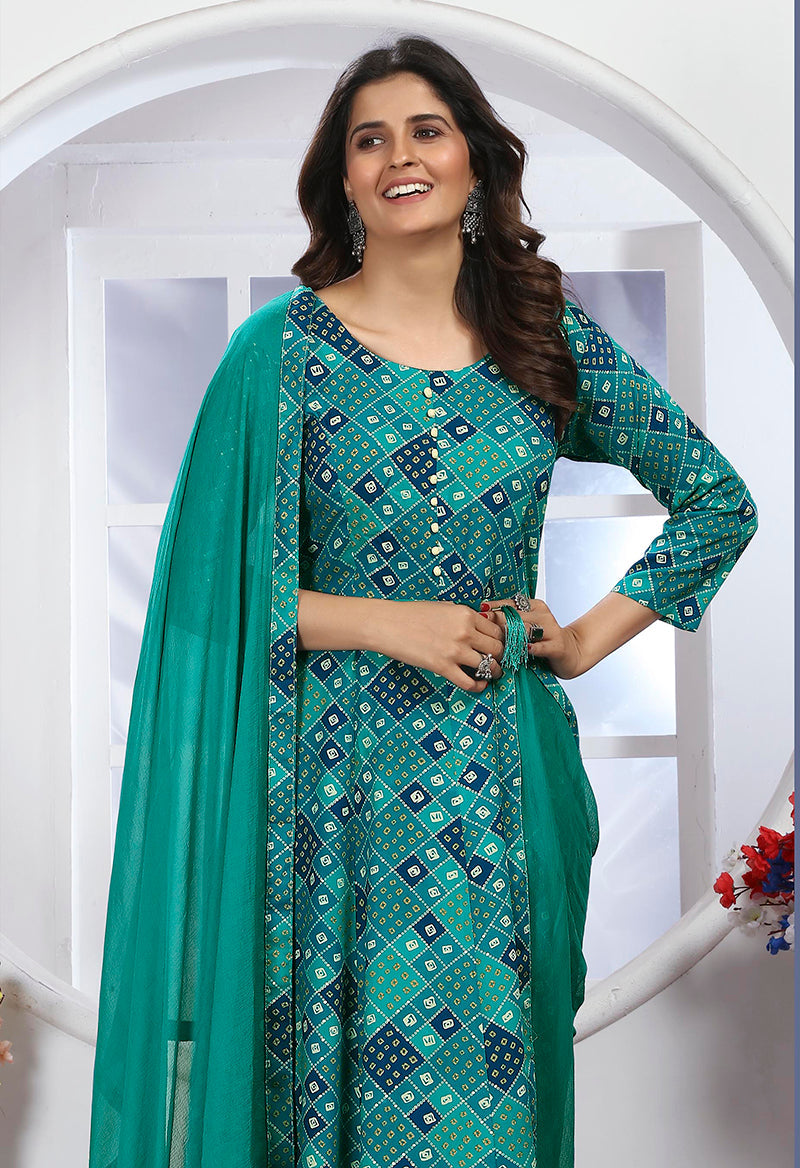Turquoise Premium Rayon Floral Printed Long Kurti with Dupatta