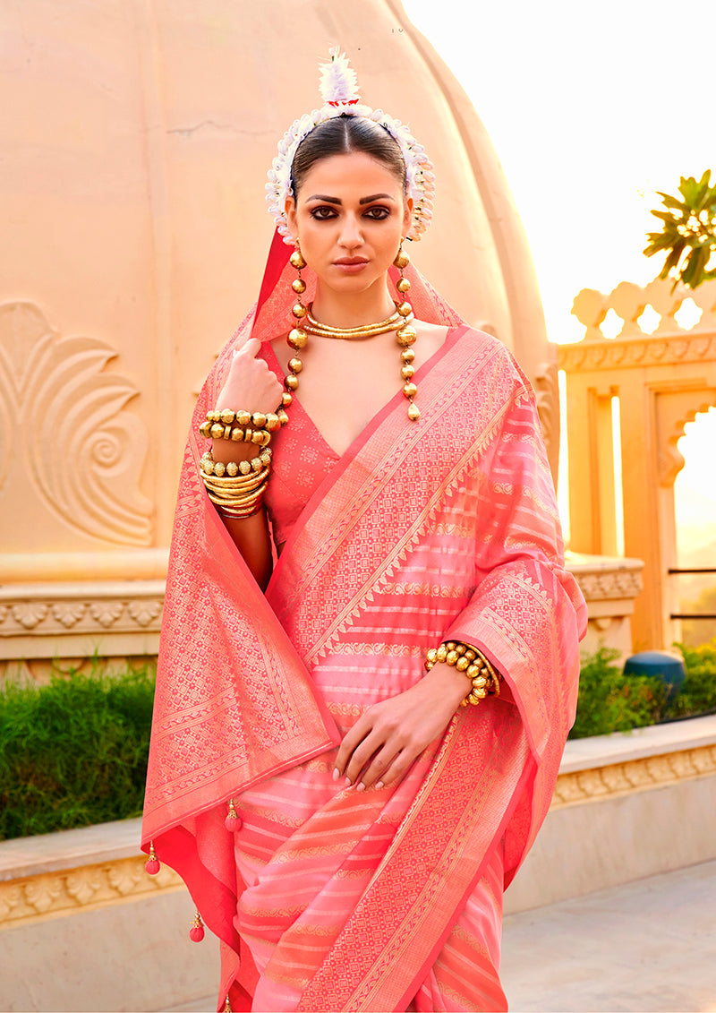 Peach Silk Foil Print Saree