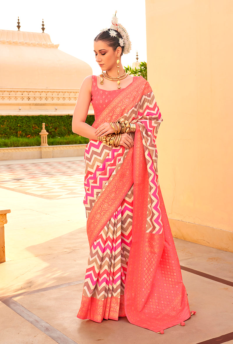 Peach Silk Foil Print Saree