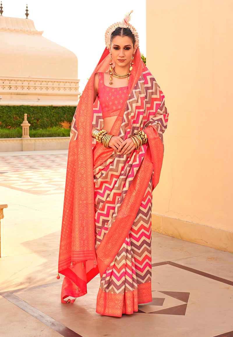 Peach Silk Foil Print Saree