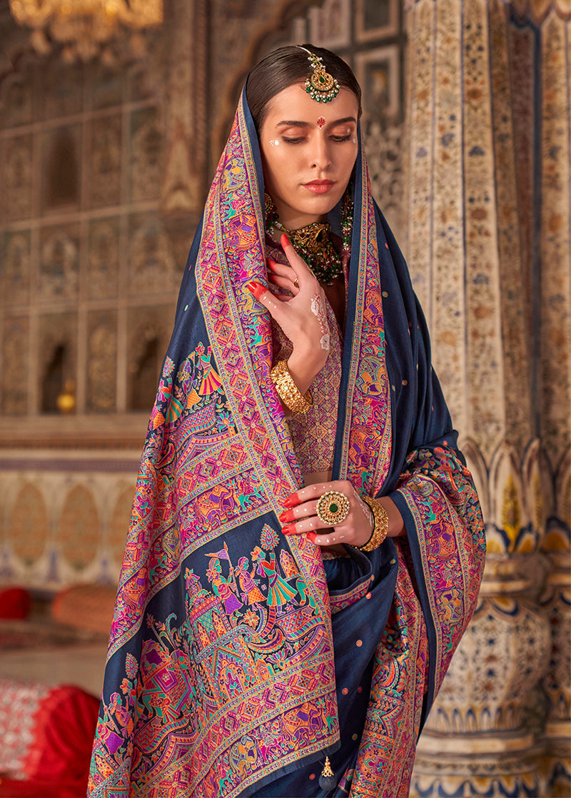 Navy Blue Printed Silk Blend Embellished Saree