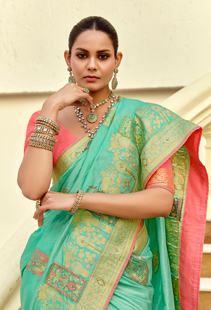 Turquoise Silk Saree with Rich Zari Weaving & Contrast Blouse
